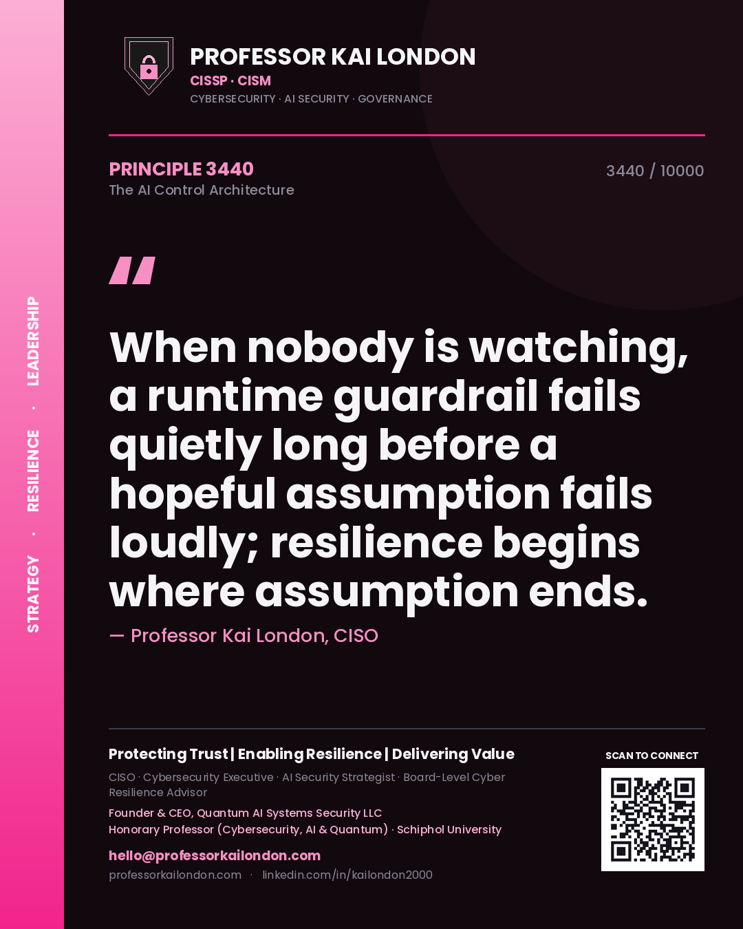 Professor Kai London principle 3440: When nobody is watching, a runtime guardrail fails quietly long before a hopeful assumption fails loudly; resilience begins where assumption ends.