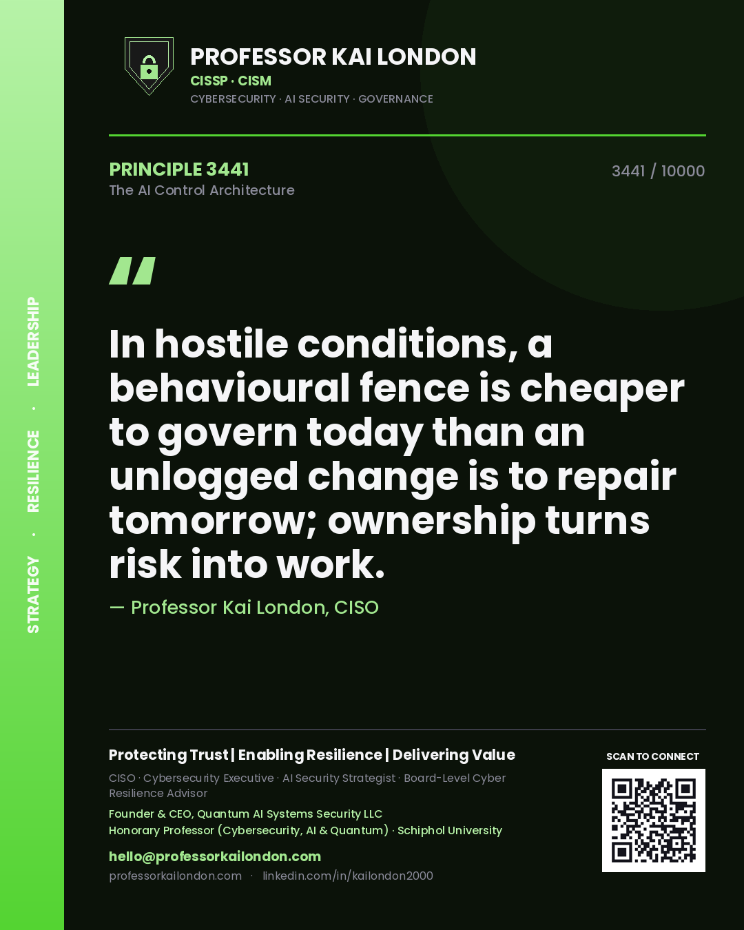 Professor Kai London principle 3441: In hostile conditions, a behavioural fence is cheaper to govern today than an unlogged change is to repair tomorrow; ownership turns risk into work.
