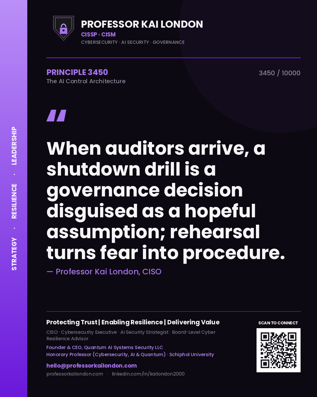 Professor Kai London principle 3450: When auditors arrive, a shutdown drill is a governance decision disguised as a hopeful assumption; rehearsal turns fear into procedure.