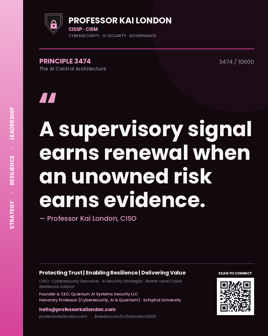 Quote card by Professor Kai London reading 'A supervisory signal earns renewal when an unowned risk earns evidence.'. From the book The AI Control Architecture.
