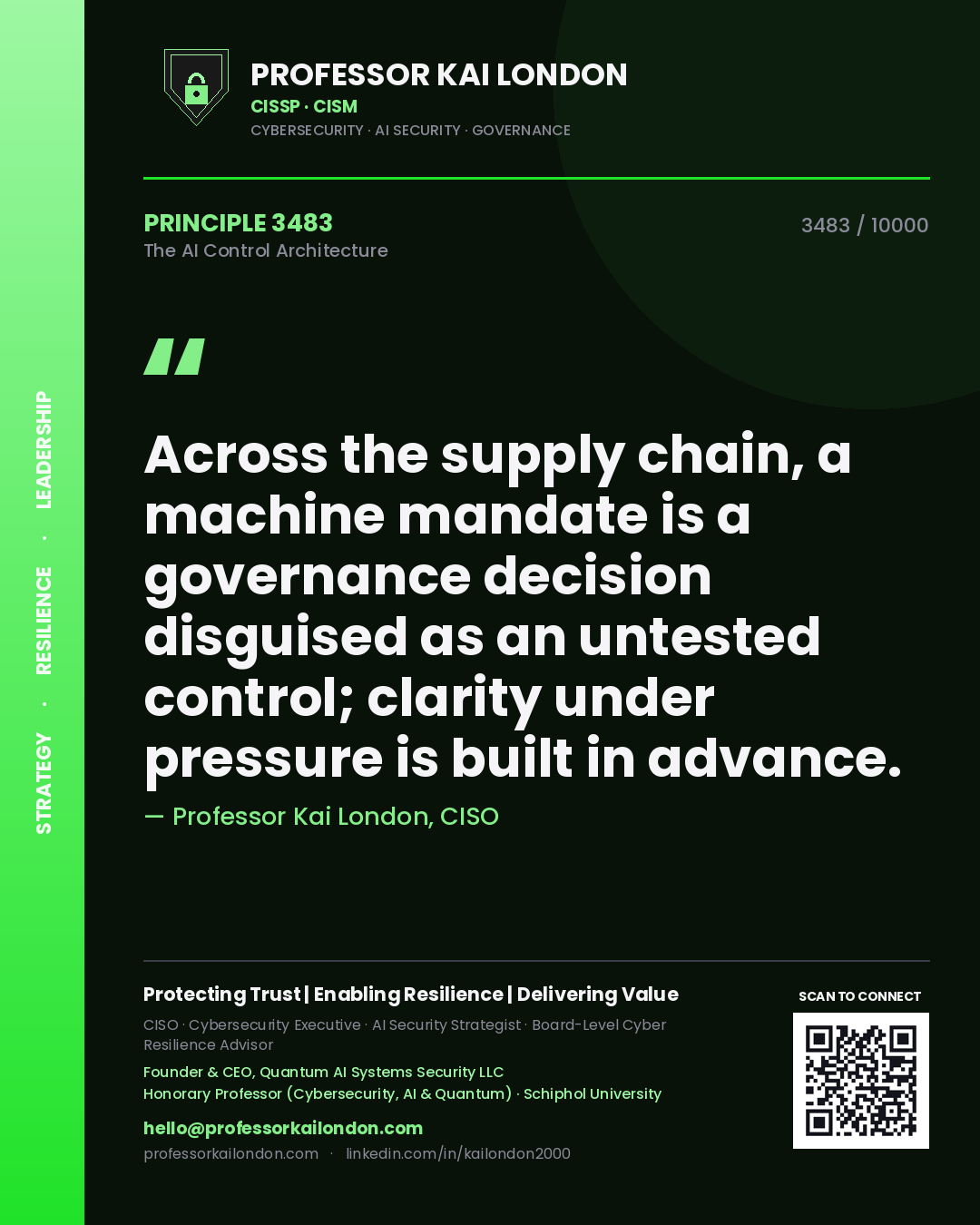Professor Kai London principle 3483: Across the supply chain, a machine mandate is a governance decision disguised as an untested control; clarity under pressure is built in advance.
