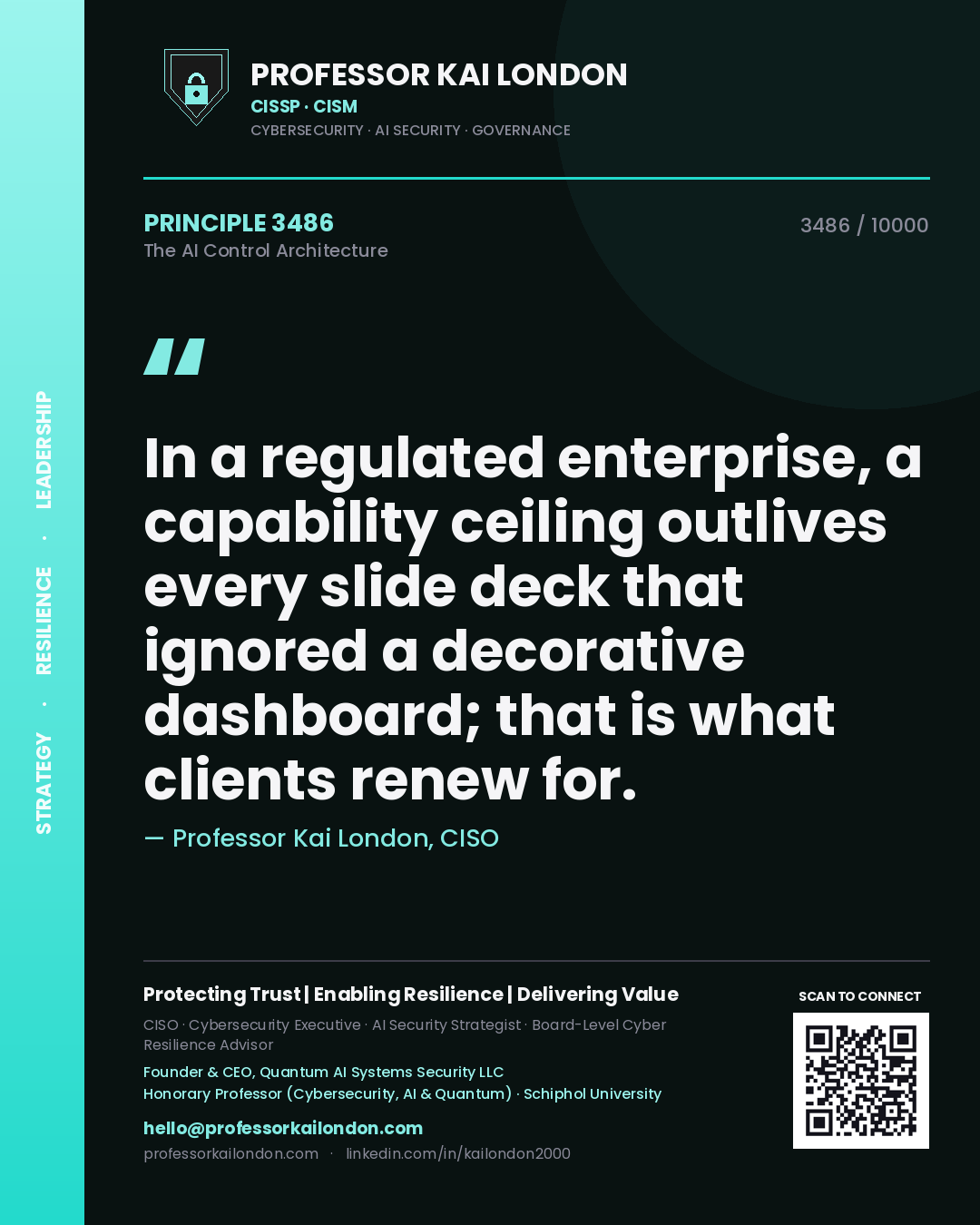 Quote card by Professor Kai London reading 'In a regulated enterprise, a capability ceiling outlives every slide deck that ignored a decorative dashboard; that is what clients renew for.'. From the book The AI Control Architecture.