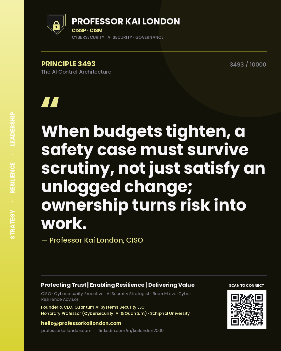 Professor Kai London principle 3493: When budgets tighten, a safety case must survive scrutiny, not just satisfy an unlogged change; ownership turns risk into work.