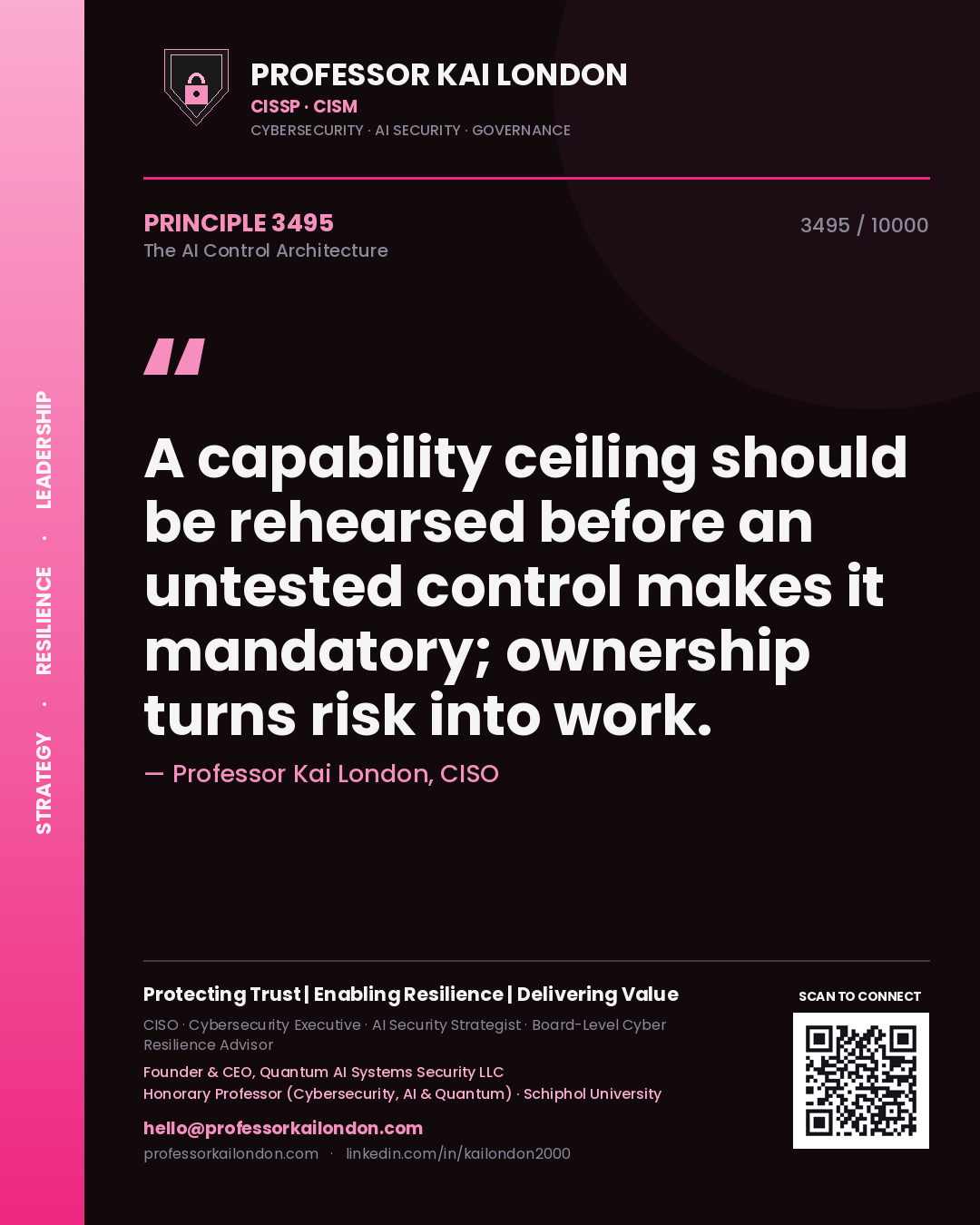 Professor Kai London principle 3495: A capability ceiling should be rehearsed before an untested control makes it mandatory; ownership turns risk into work.