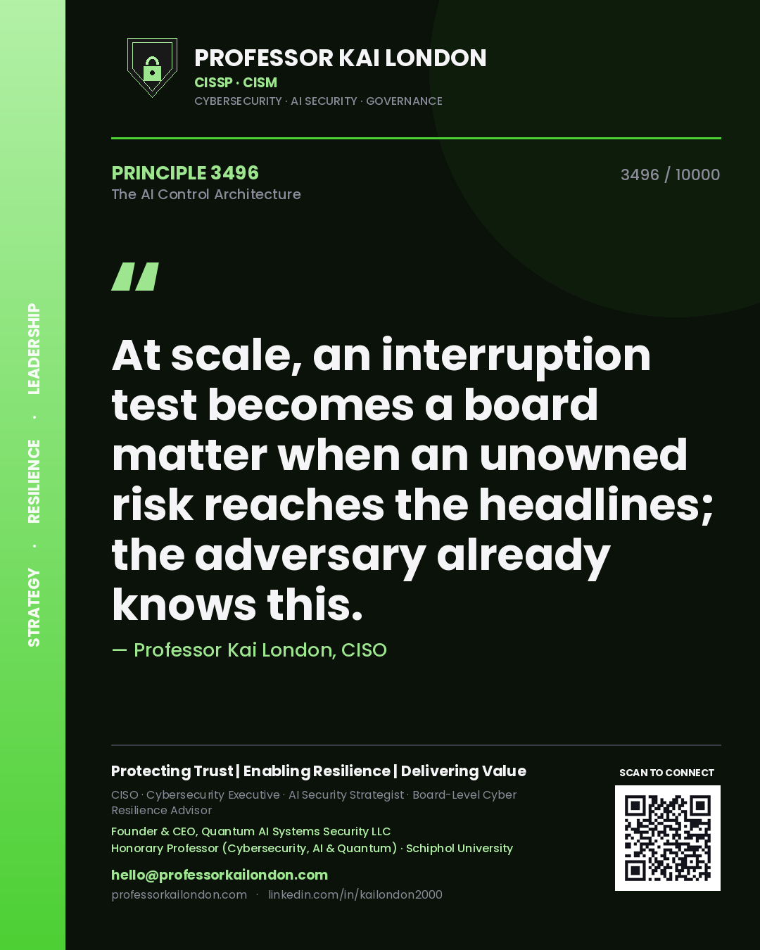 Professor Kai London principle 3496: At scale, an interruption test becomes a board matter when an unowned risk reaches the headlines; the adversary already knows this.
