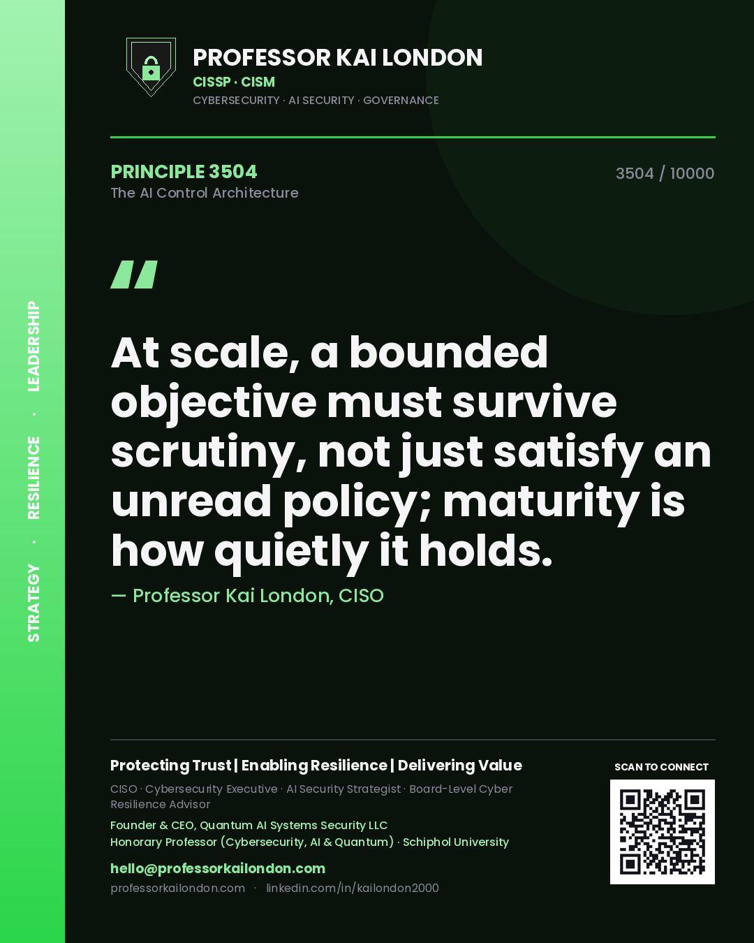 Quote card by Professor Kai London reading 'At scale, a bounded objective must survive scrutiny, not just satisfy an unread policy; maturity is how quietly it holds.'. From the book The AI Control Architecture.
