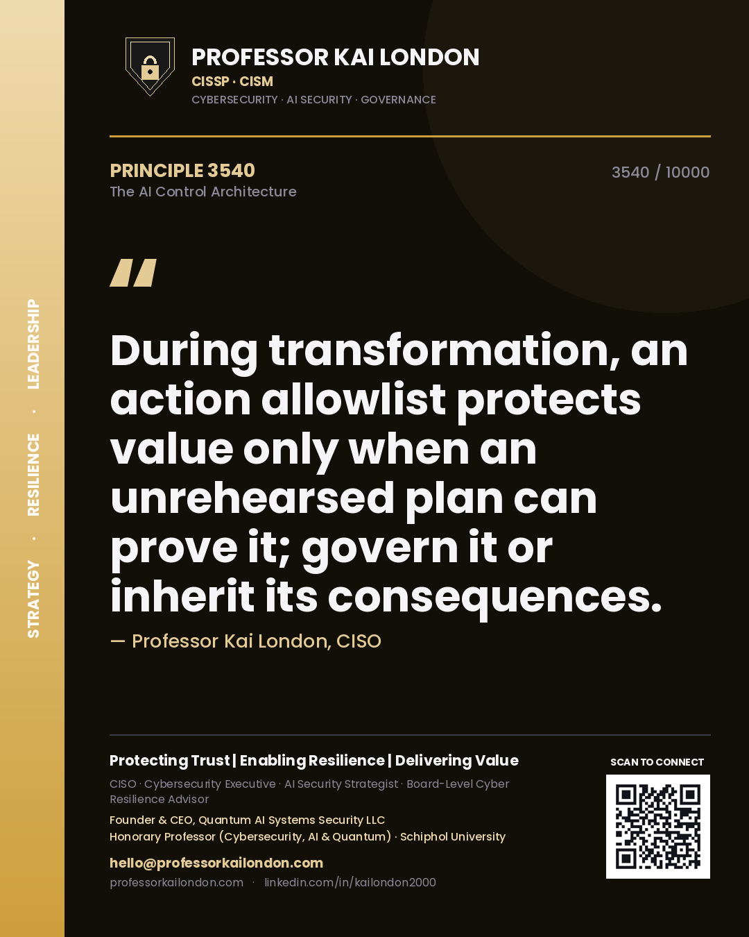 Quote card by Professor Kai London reading 'During transformation, an action allowlist protects value only when an unrehearsed plan can prove it; govern it or inherit its consequences.'. From the book The AI Control Architecture.