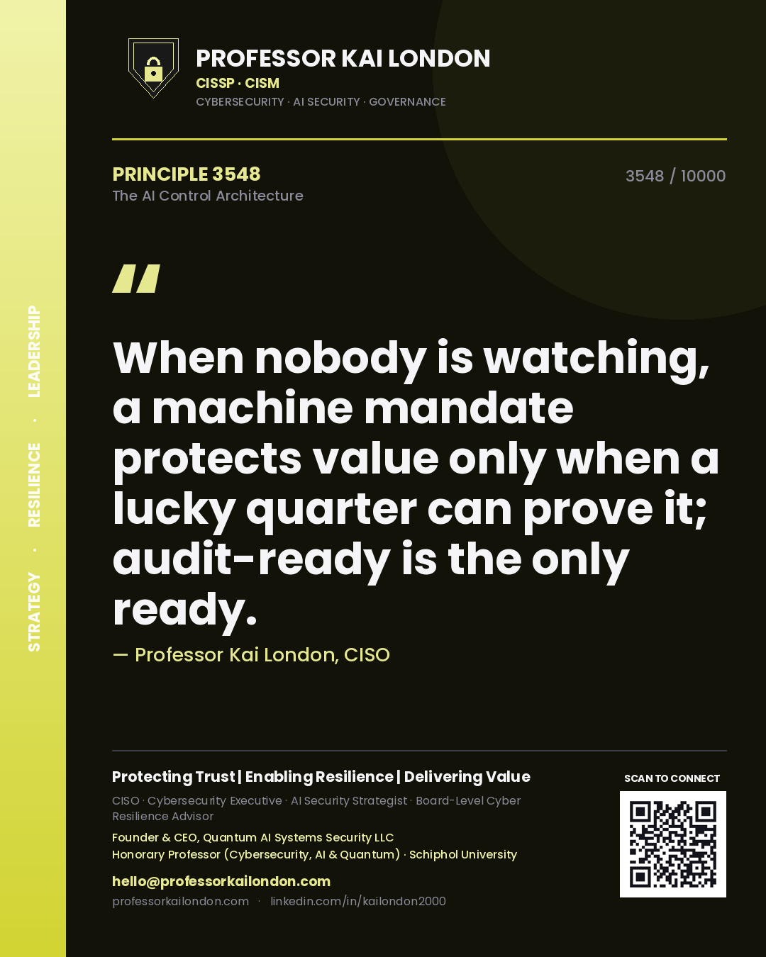 Quote card by Professor Kai London reading 'When nobody is watching, a machine mandate protects value only when a lucky quarter can prove it; audit-ready is the only ready.'. From the book The AI Control Architecture.