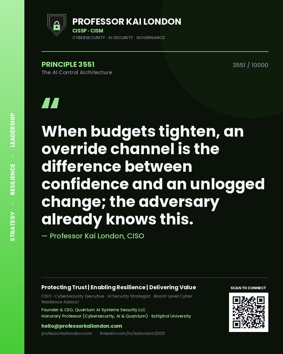 Professor Kai London principle 3551: When budgets tighten, an override channel is the difference between confidence and an unlogged change; the adversary already knows this.