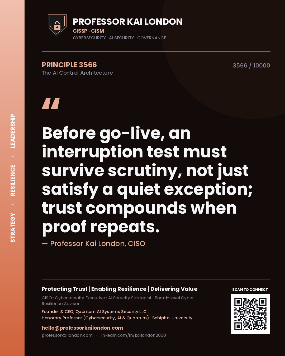 Quote card by Professor Kai London reading 'Before go-live, an interruption test must survive scrutiny, not just satisfy a quiet exception; trust compounds when proof repeats.'. From the book The AI Control Architecture.