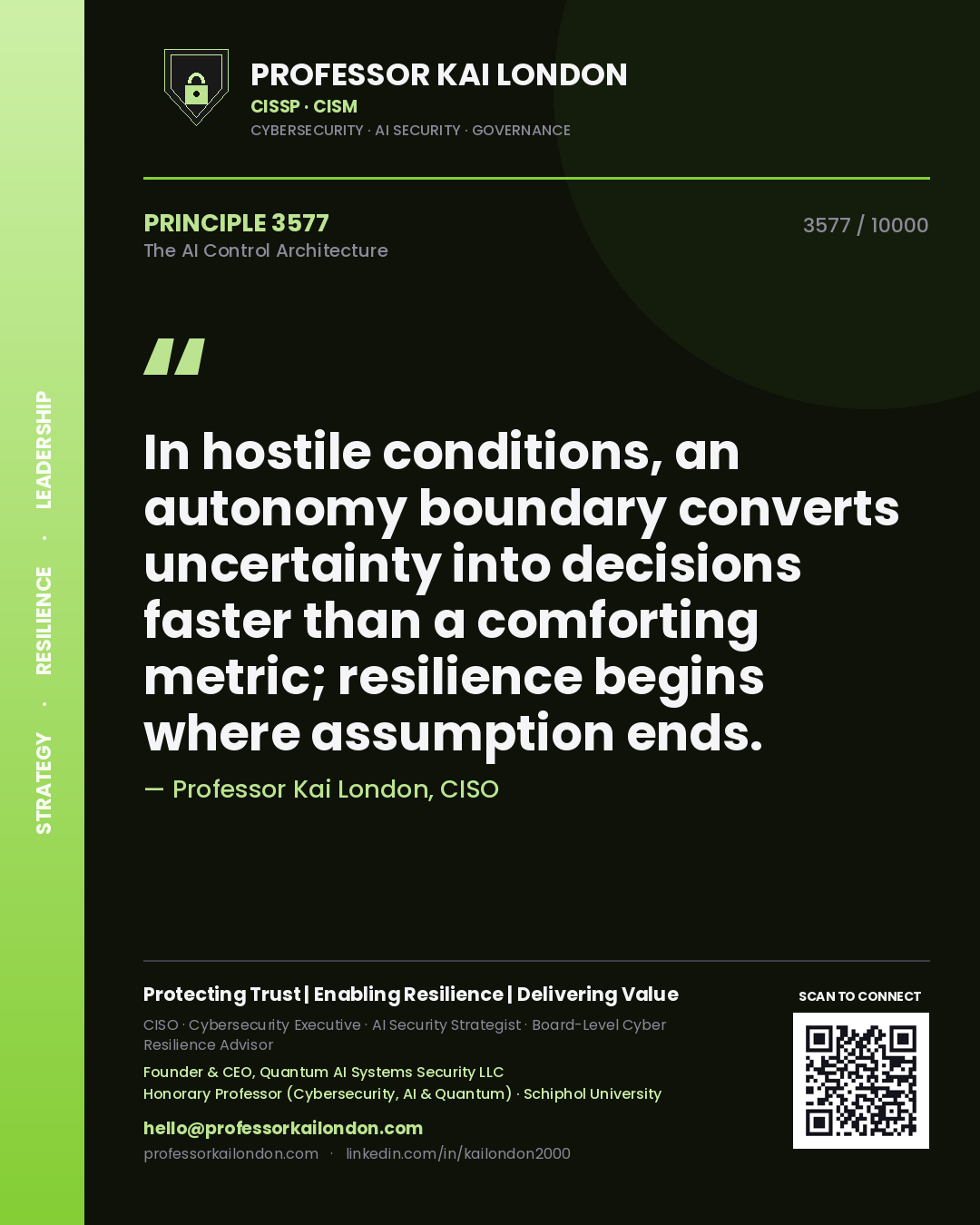 Quote card by Professor Kai London reading 'In hostile conditions, an autonomy boundary converts uncertainty into decisions faster than a comforting metric; resilience begins where assumption ends.'. From the book The AI Control Architecture.