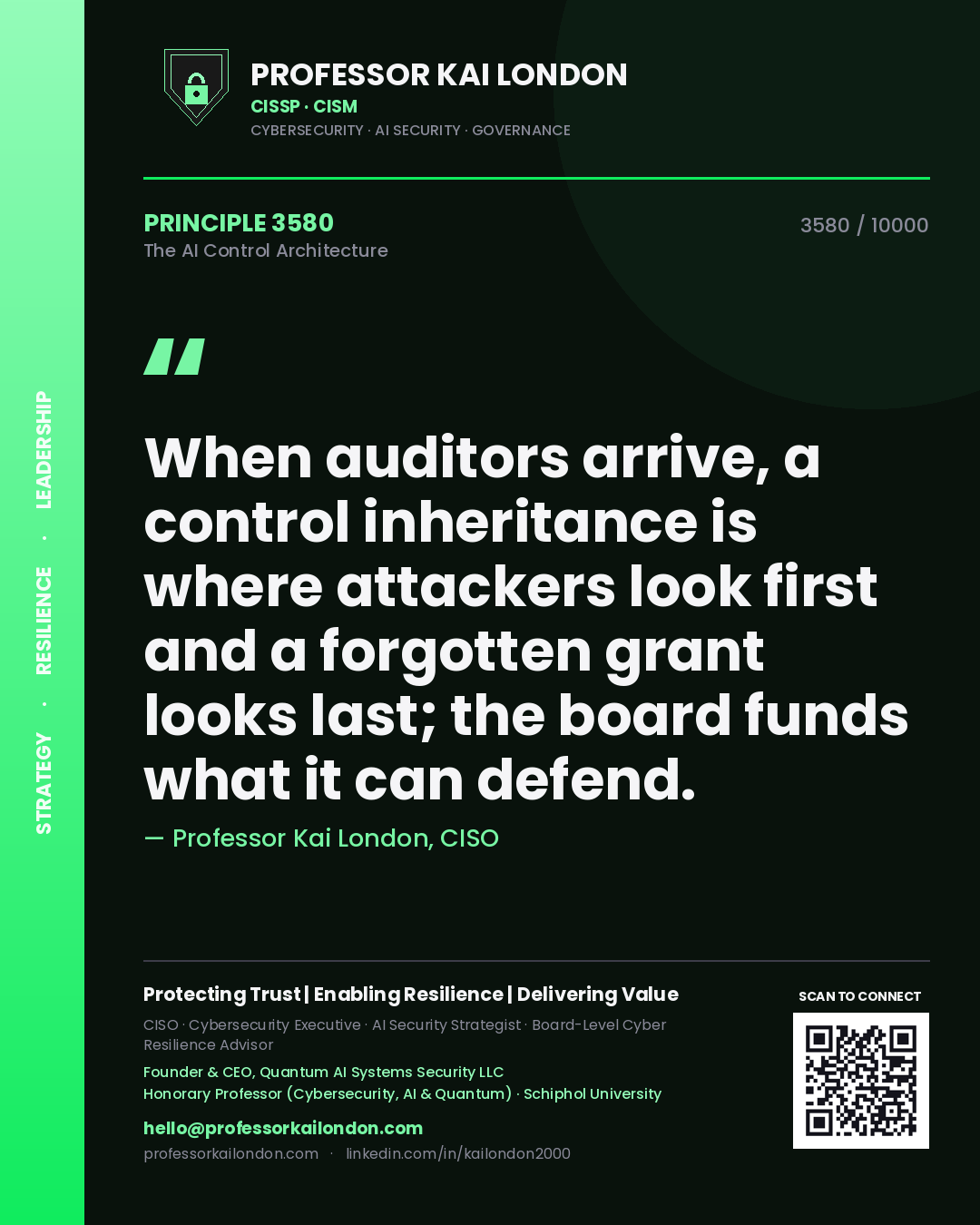 Professor Kai London principle 3580: When auditors arrive, a control inheritance is where attackers look first and a forgotten grant looks last; the board funds what it can defend.
