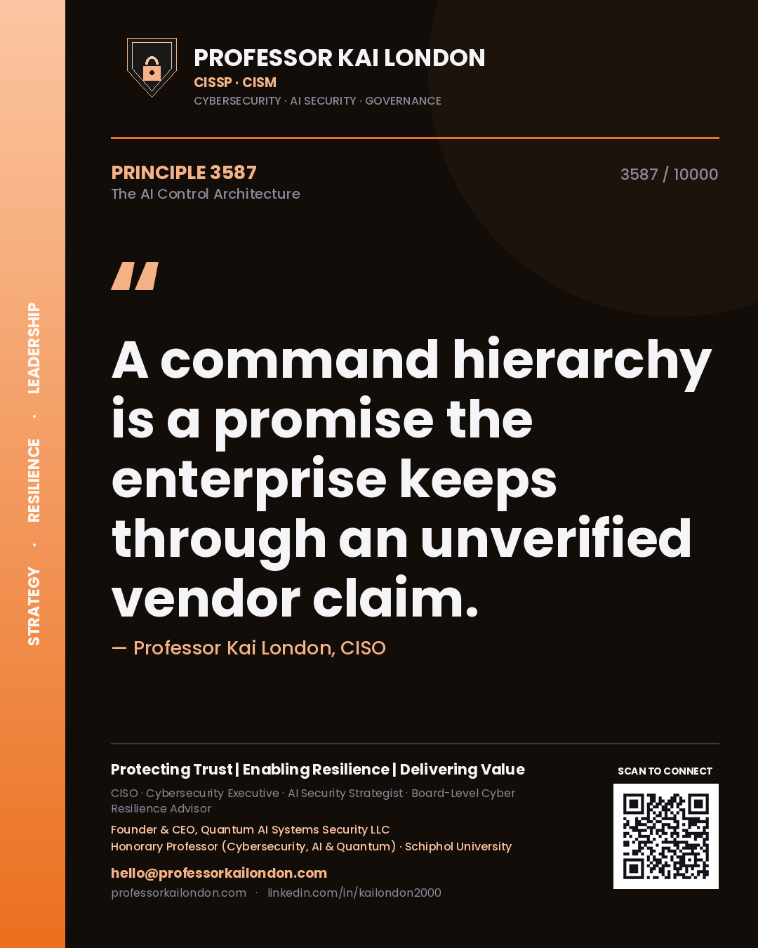Quote card by Professor Kai London reading 'A command hierarchy is a promise the enterprise keeps through an unverified vendor claim.'. From the book The AI Control Architecture.