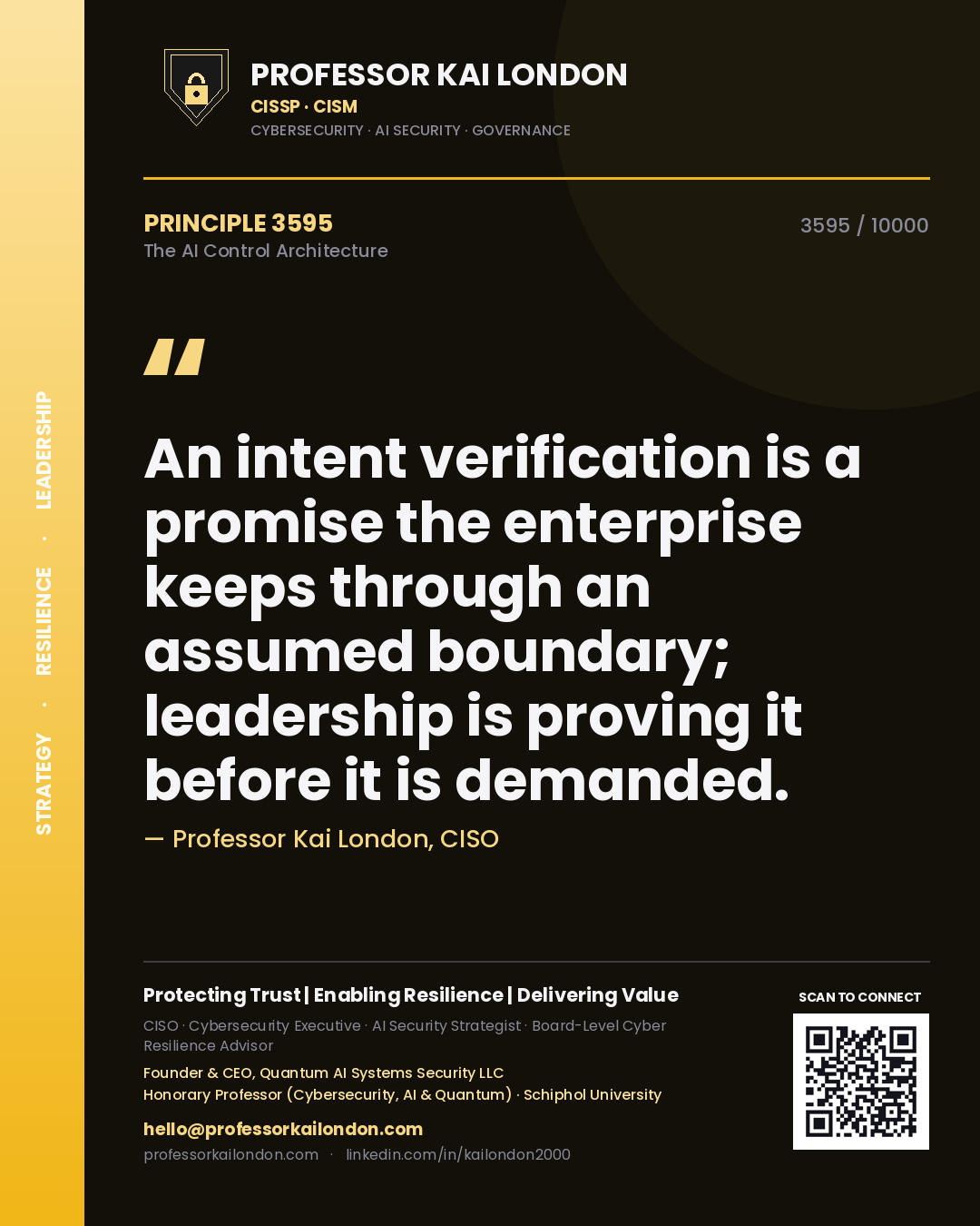 Quote card by Professor Kai London reading 'An intent verification is a promise the enterprise keeps through an assumed boundary; leadership is proving it before it is demanded.'. From the book The AI Control Architecture.