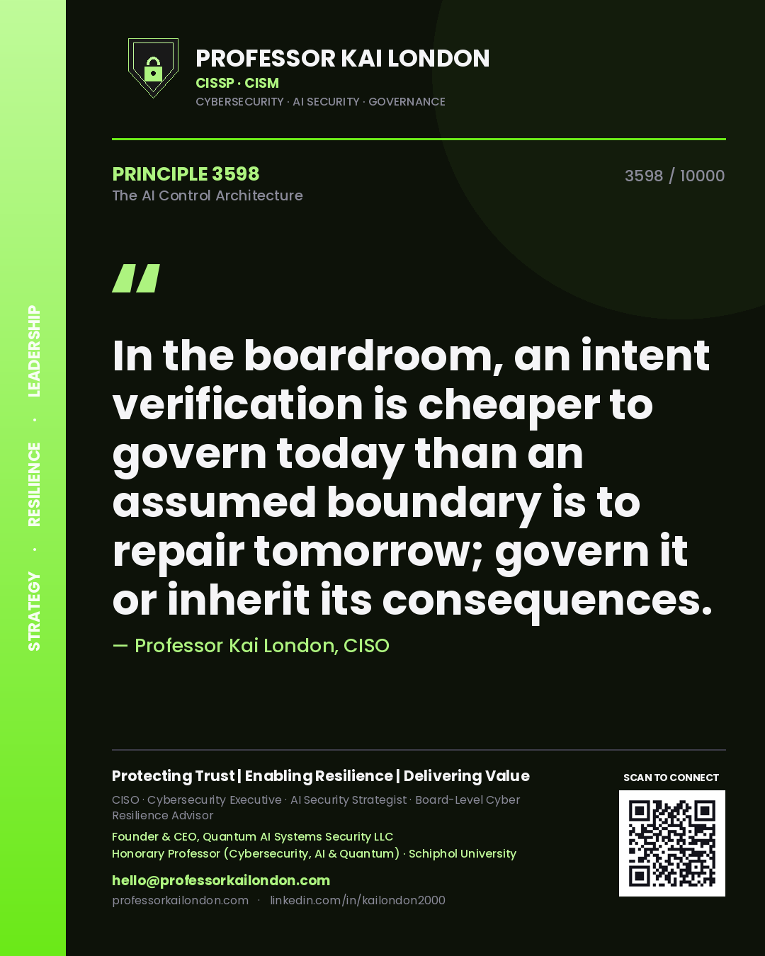 Quote card by Professor Kai London reading 'In the boardroom, an intent verification is cheaper to govern today than an assumed boundary is to repair tomorrow; govern it or inherit its consequences.'. From the book The AI Control Architecture.