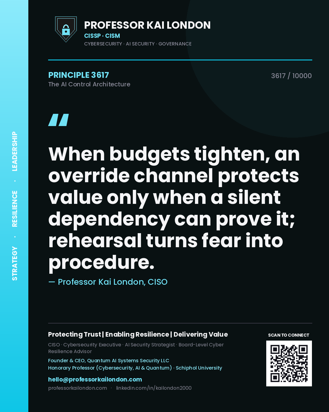 Quote card by Professor Kai London reading 'When budgets tighten, an override channel protects value only when a silent dependency can prove it; rehearsal turns fear into procedure.'. From the book The AI Control Architecture.