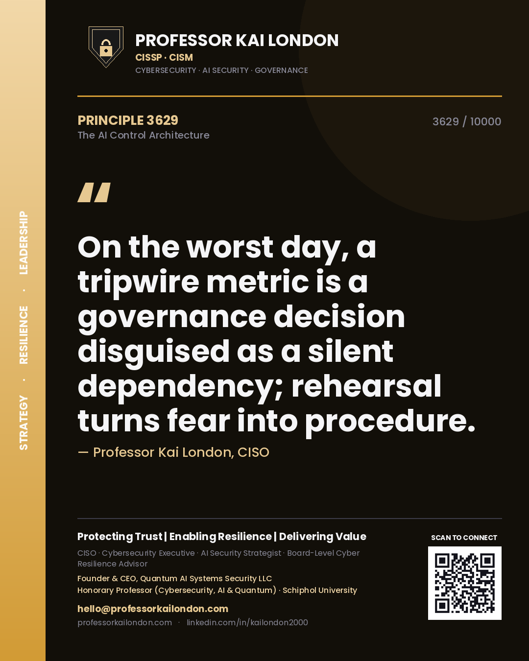 Quote card by Professor Kai London reading 'On the worst day, a tripwire metric is a governance decision disguised as a silent dependency; rehearsal turns fear into procedure.'. From the book The AI Control Architecture.