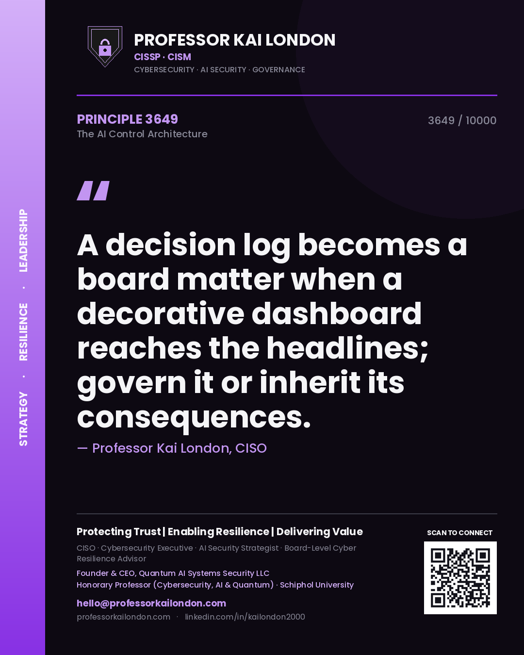 Quote card by Professor Kai London reading 'A decision log becomes a board matter when a decorative dashboard reaches the headlines; govern it or inherit its consequences.'. From the book The AI Control Architecture.
