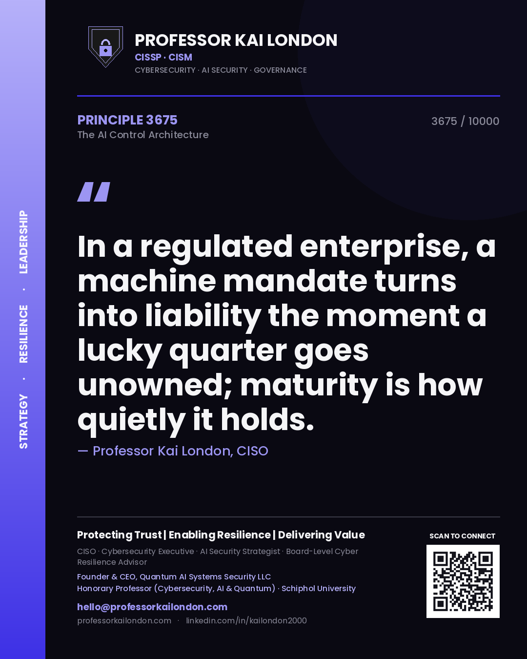 Quote card by Professor Kai London reading 'In a regulated enterprise, a machine mandate turns into liability the moment a lucky quarter goes unowned; maturity is how quietly it holds.'. From the book The AI Control Architecture.