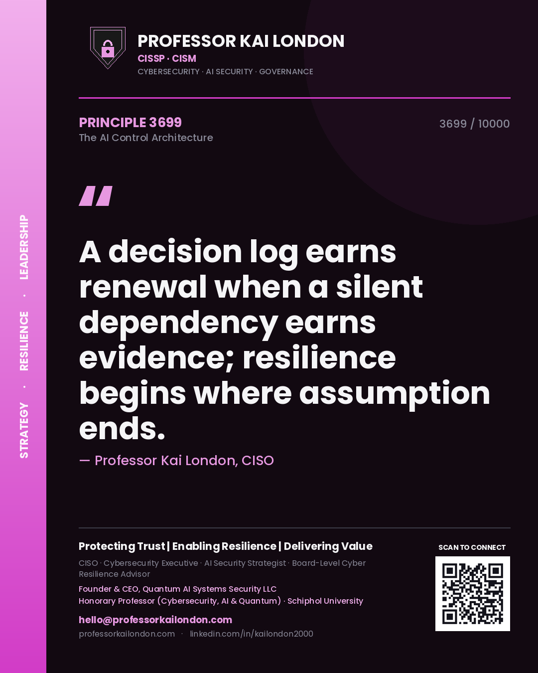 Quote card by Professor Kai London reading 'A decision log earns renewal when a silent dependency earns evidence; resilience begins where assumption ends.'. From the book The AI Control Architecture.