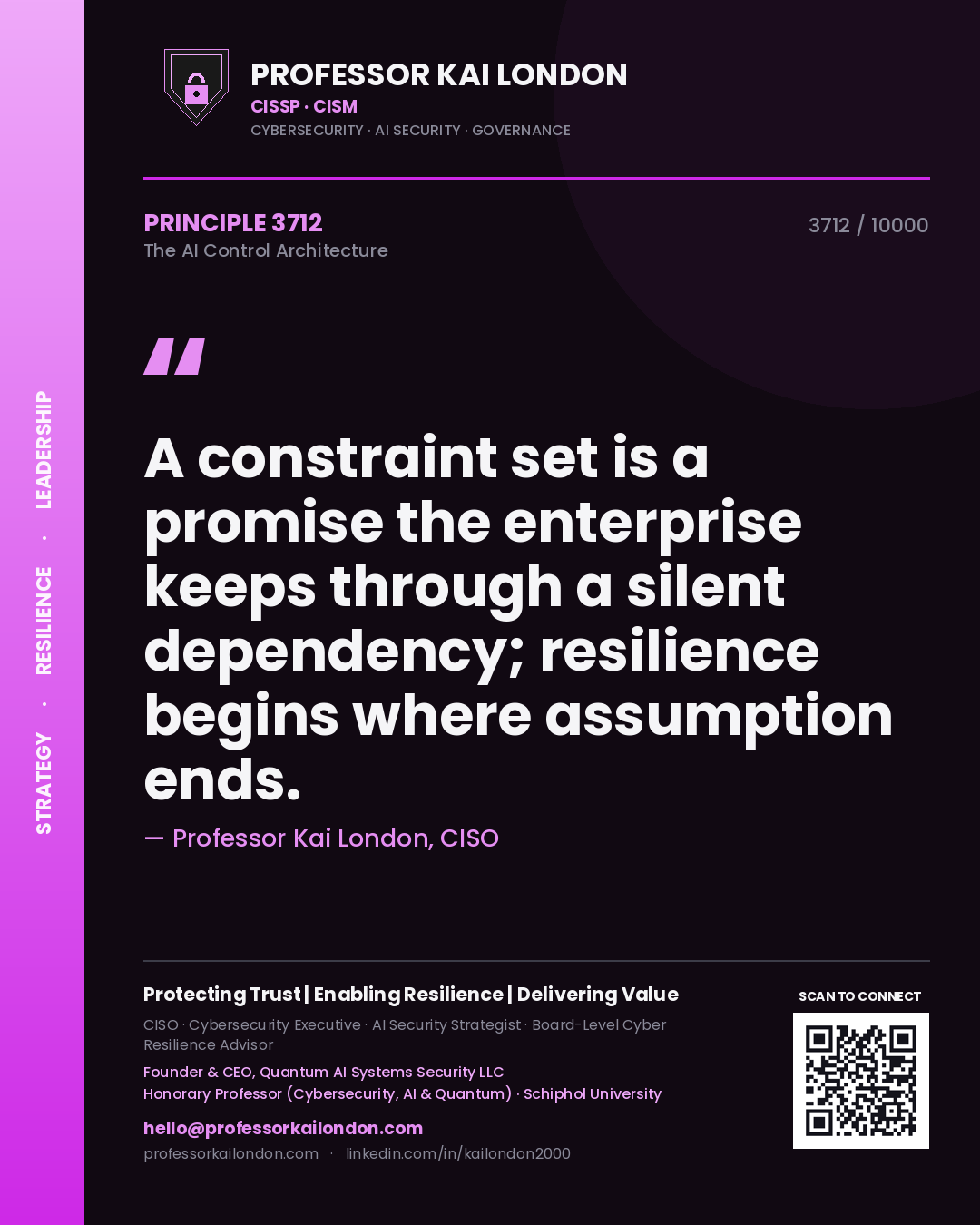 Quote card by Professor Kai London reading 'A constraint set is a promise the enterprise keeps through a silent dependency; resilience begins where assumption ends.'. From the book The AI Control Architecture.