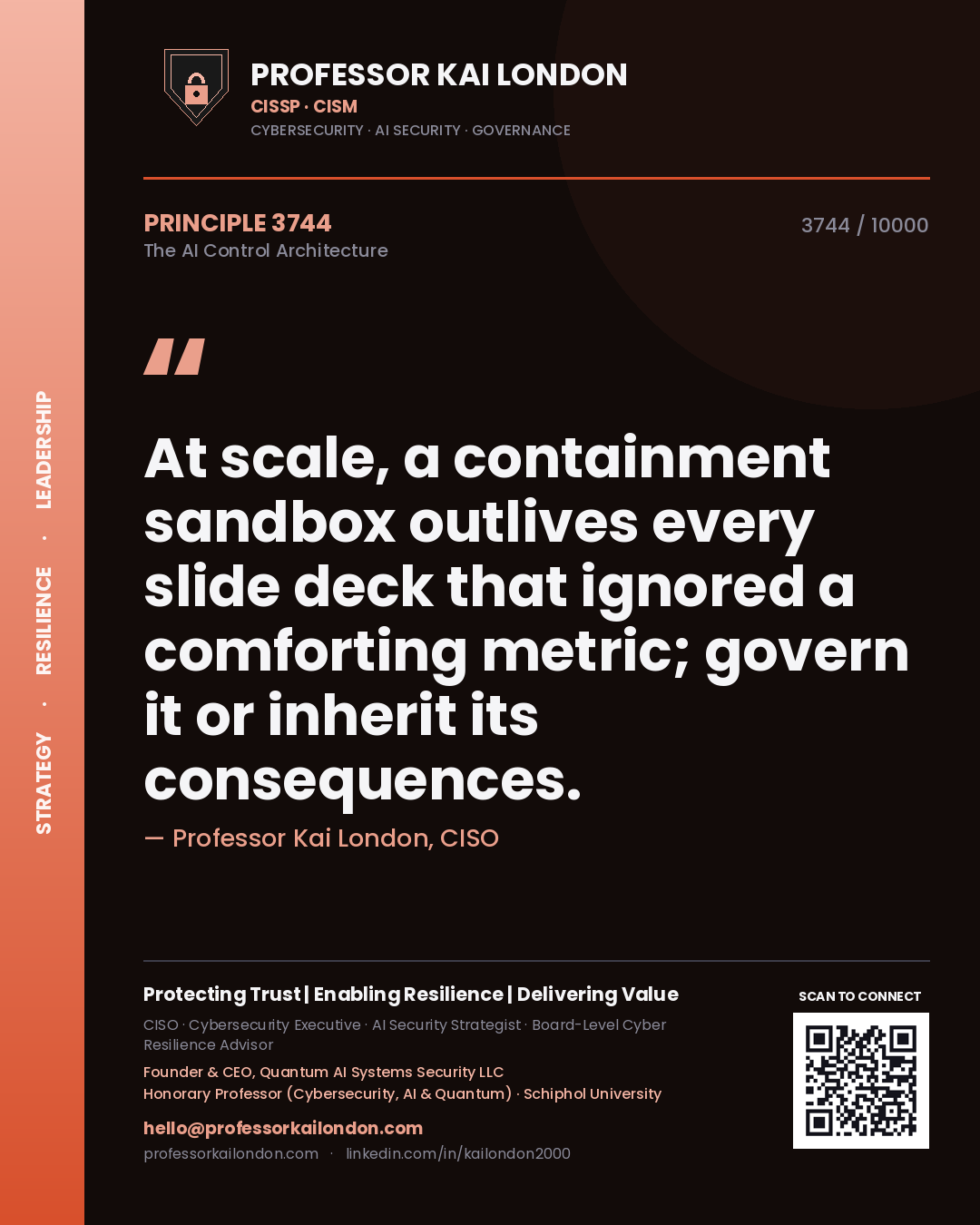Quote card by Professor Kai London reading 'At scale, a containment sandbox outlives every slide deck that ignored a comforting metric; govern it or inherit its consequences.'. From the book The AI Control Architecture.