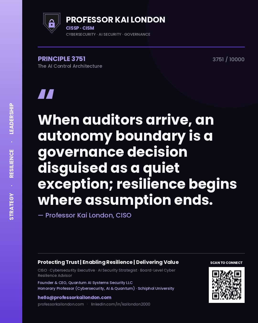 Quote card by Professor Kai London reading 'When auditors arrive, an autonomy boundary is a governance decision disguised as a quiet exception; resilience begins where assumption ends.'. From the book The AI Control Architecture.