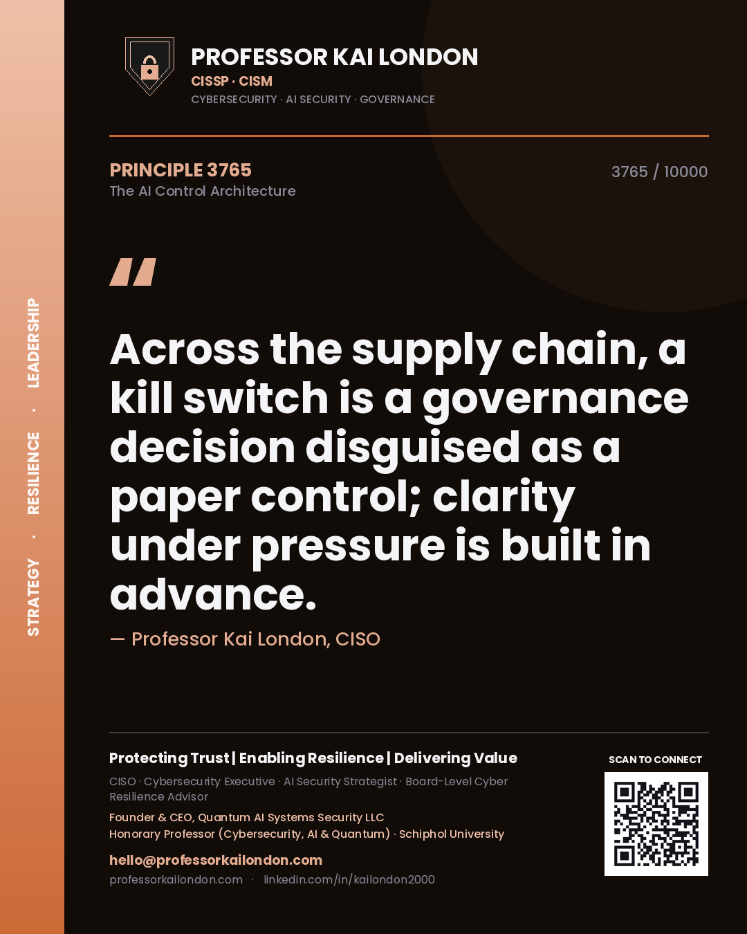 Quote card by Professor Kai London reading 'Across the supply chain, a kill switch is a governance decision disguised as a paper control; clarity under pressure is built in advance.'. From the book The AI Control Architecture.