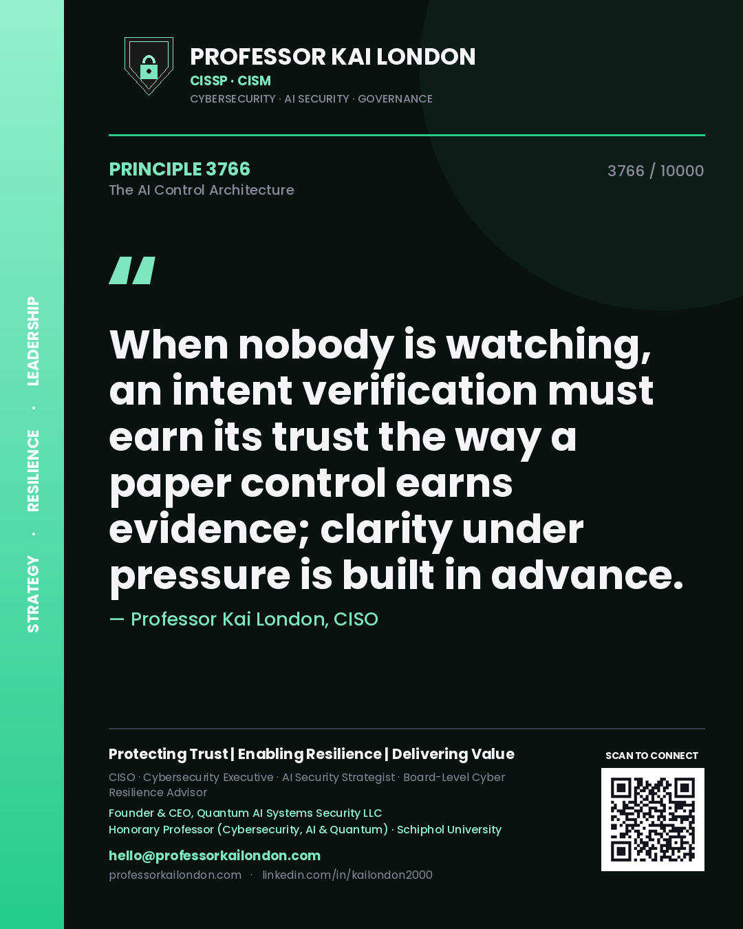 Quote card by Professor Kai London reading 'When nobody is watching, an intent verification must earn its trust the way a paper control earns evidence; clarity under pressure is built in advance.'. From the book The AI Control Architecture.