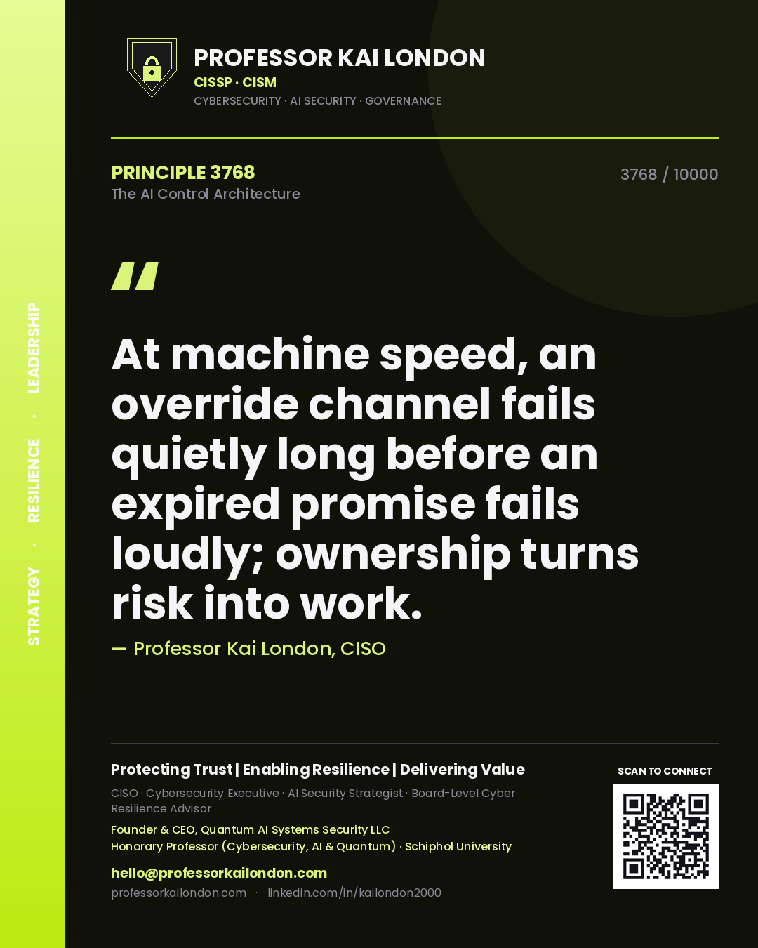 Professor Kai London principle 3768: At machine speed, an override channel fails quietly long before an expired promise fails loudly; ownership turns risk into work.