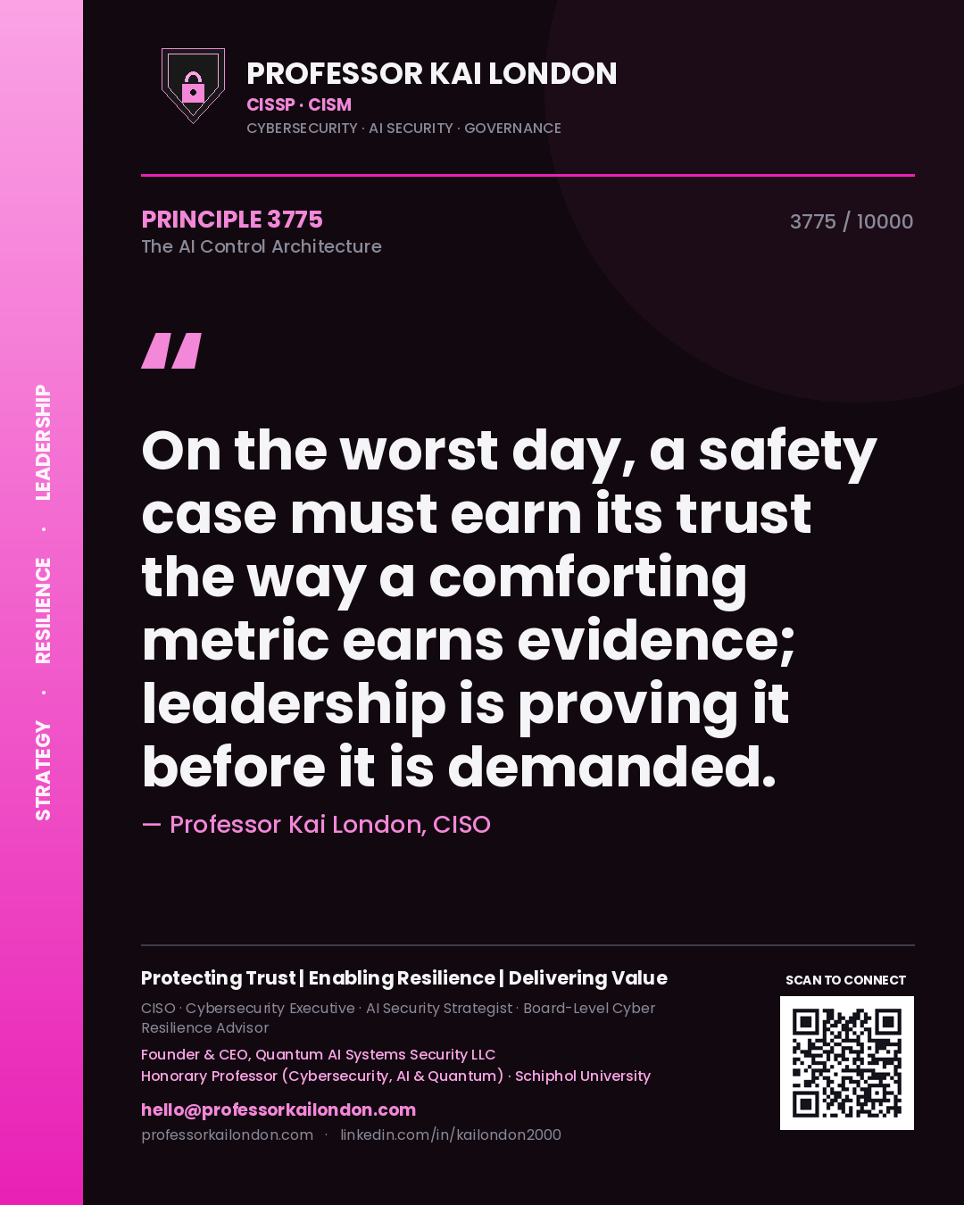 Quote card by Professor Kai London reading 'On the worst day, a safety case must earn its trust the way a comforting metric earns evidence; leadership is proving it before it is demanded.'. From the book The AI Control Architecture.