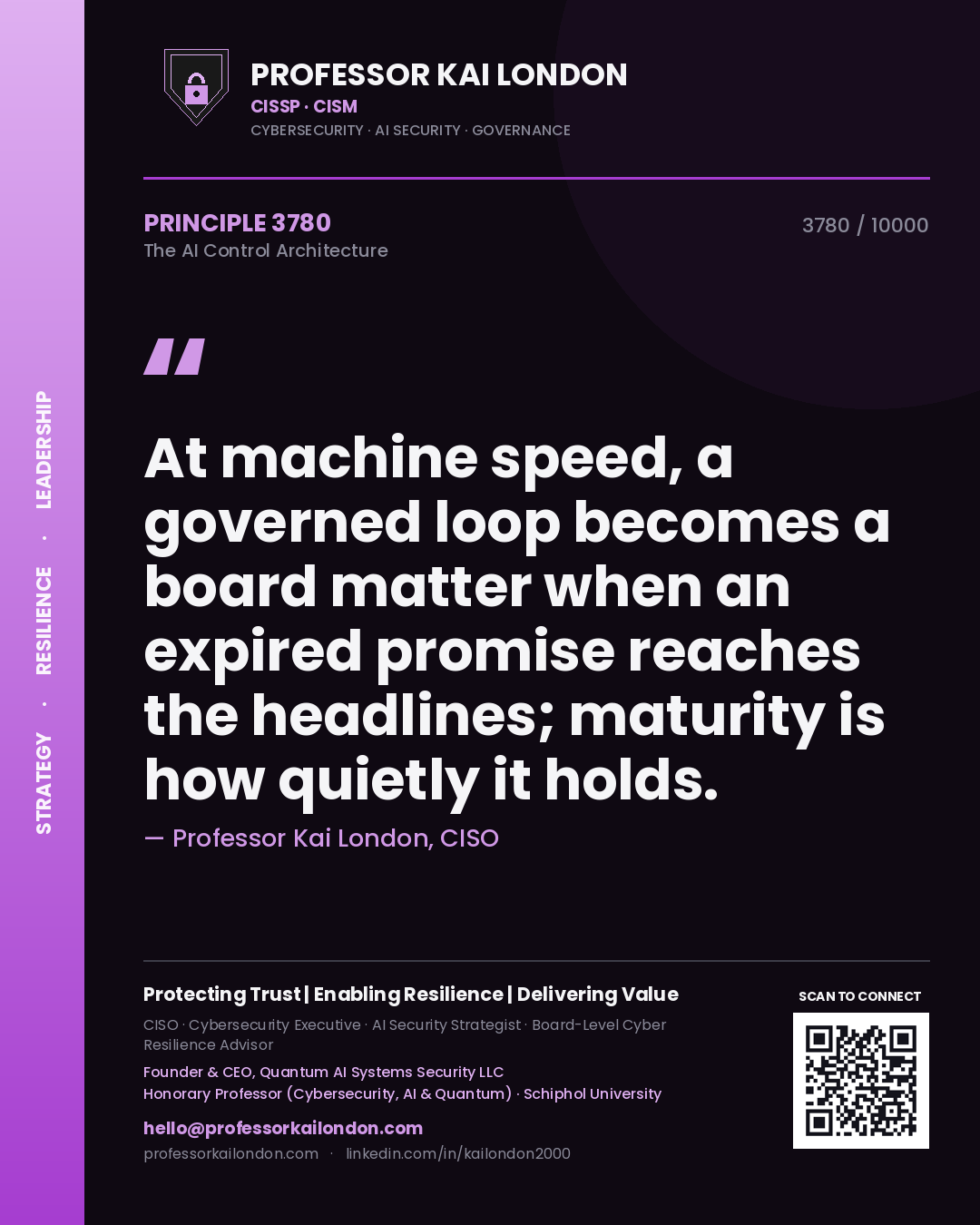 Quote card by Professor Kai London reading 'At machine speed, a governed loop becomes a board matter when an expired promise reaches the headlines; maturity is how quietly it holds.'. From the book The AI Control Architecture.