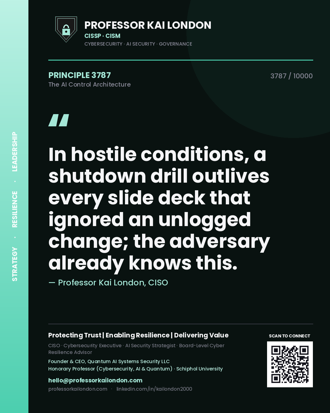 Professor Kai London principle 3787: In hostile conditions, a shutdown drill outlives every slide deck that ignored an unlogged change; the adversary already knows this.