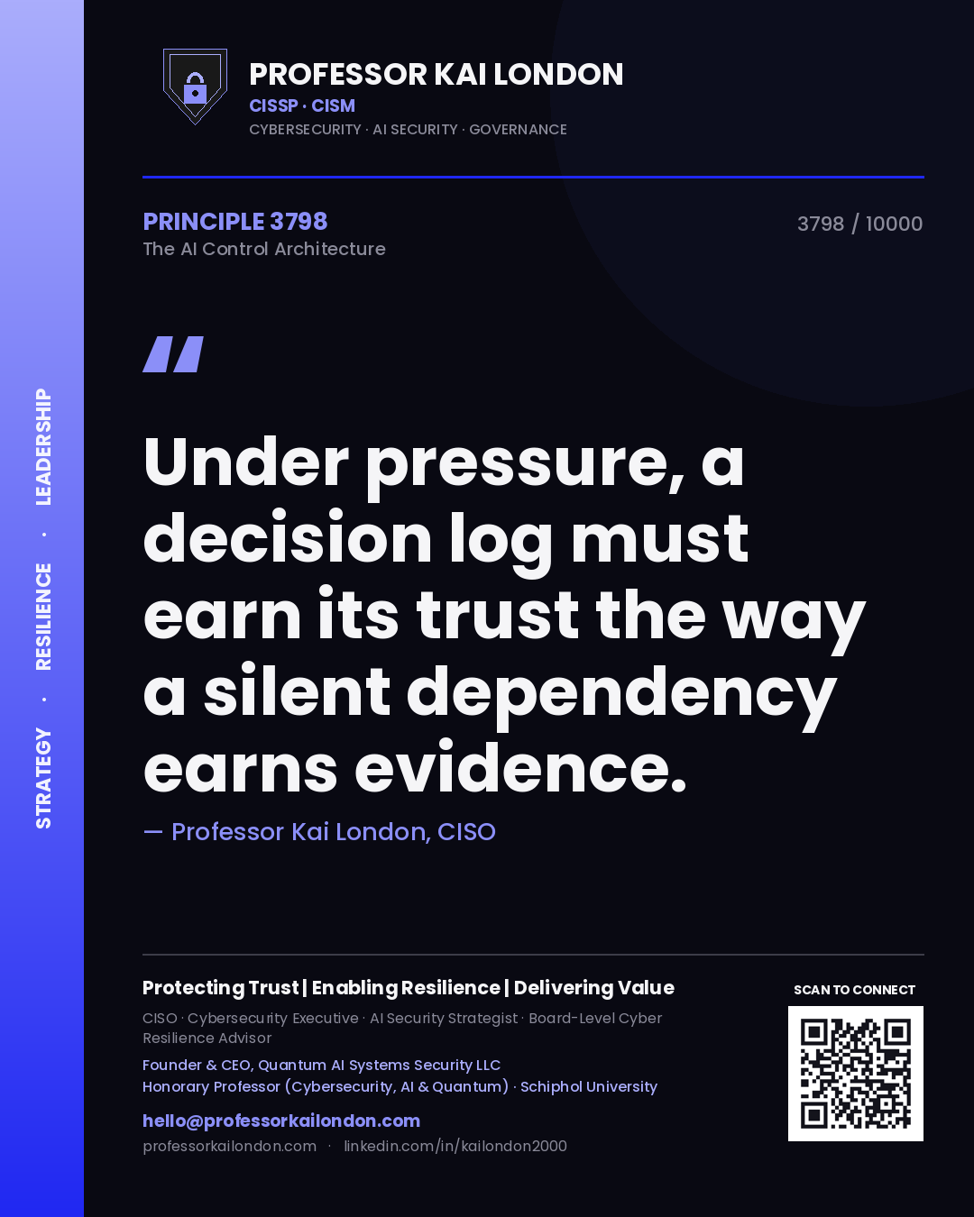 Quote card by Professor Kai London reading 'Under pressure, a decision log must earn its trust the way a silent dependency earns evidence.'. From the book The AI Control Architecture.