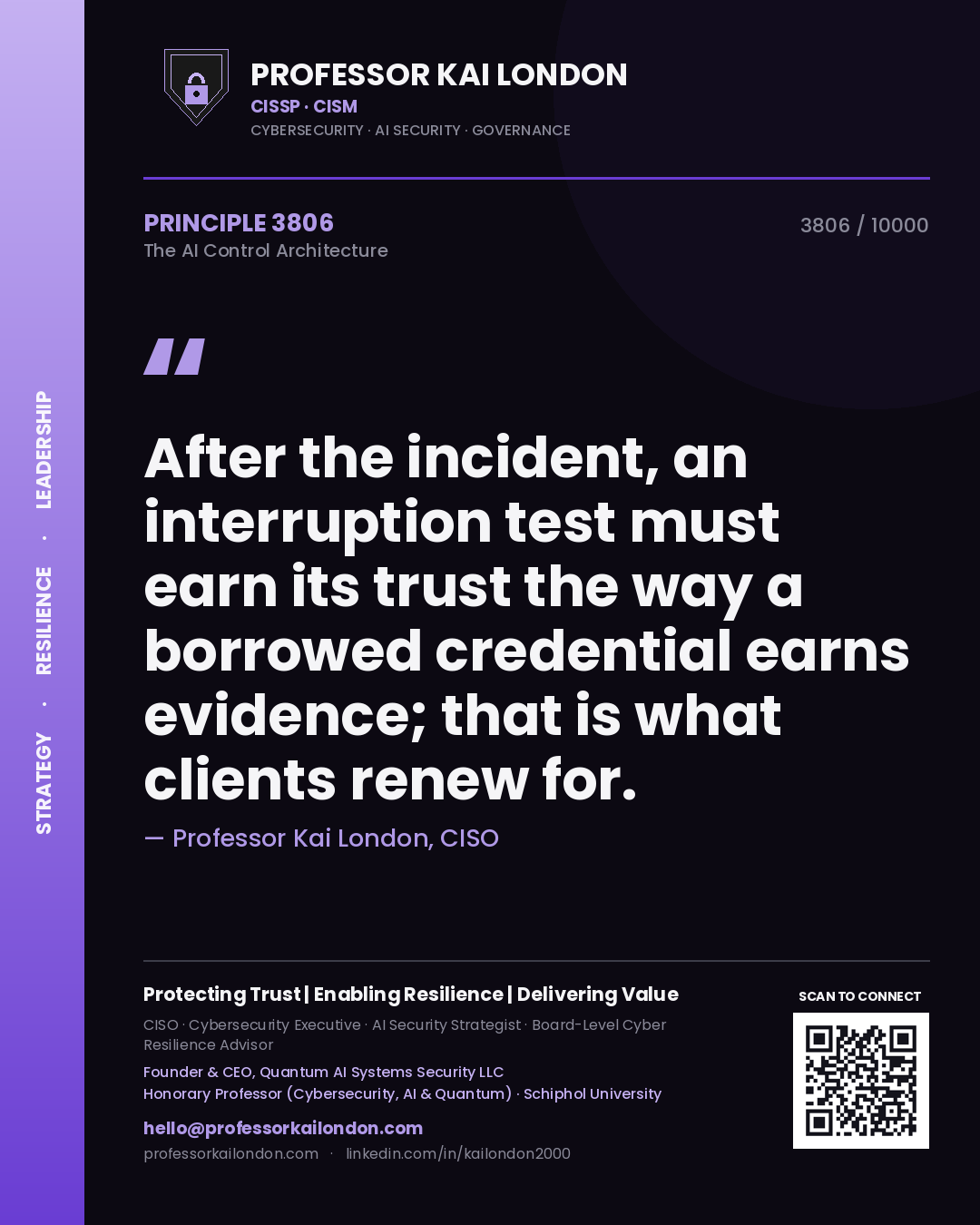 Quote card by Professor Kai London reading 'After the incident, an interruption test must earn its trust the way a borrowed credential earns evidence; that is what clients renew for.'. From the book The AI Control Architecture.