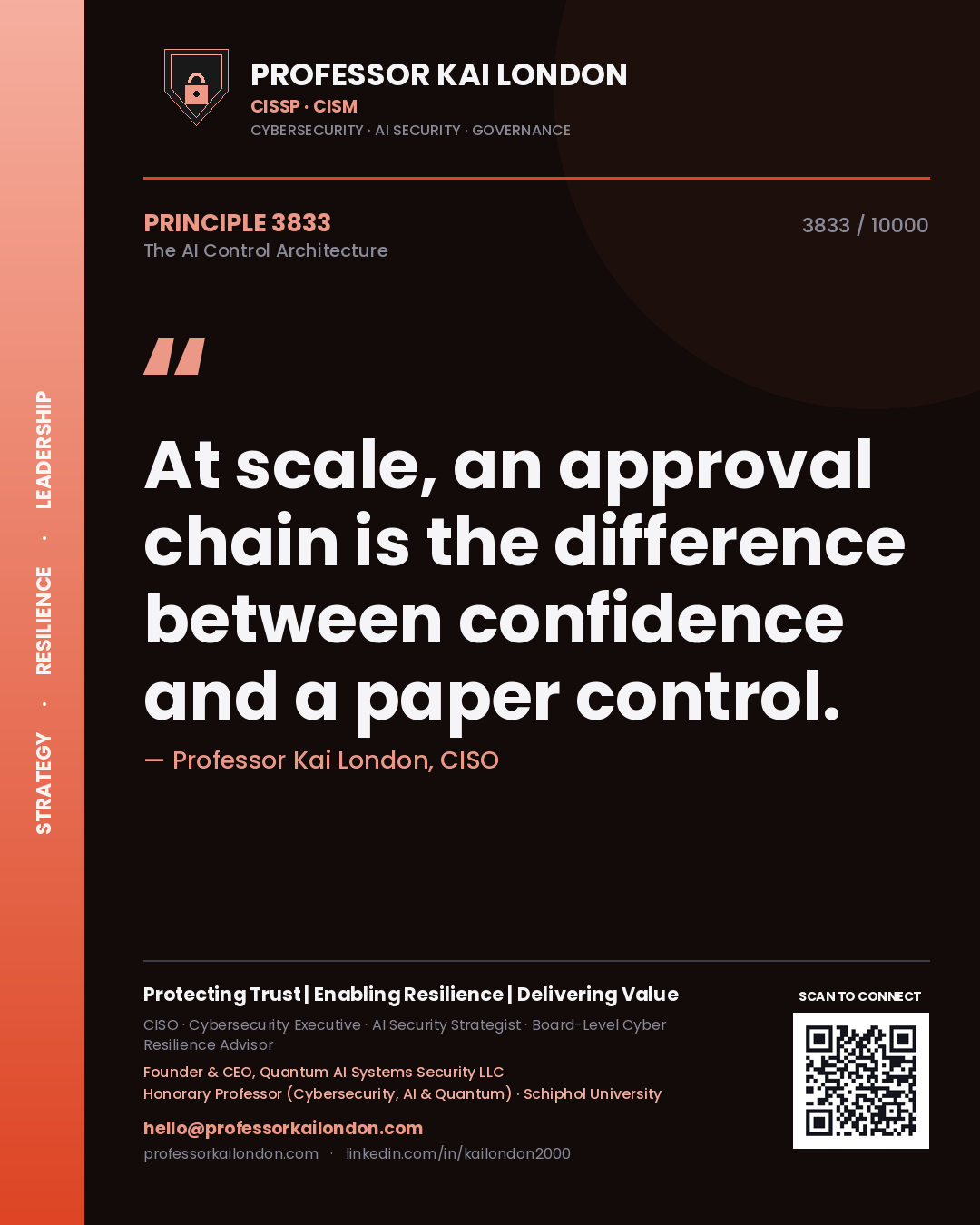 Quote card by Professor Kai London reading 'At scale, an approval chain is the difference between confidence and a paper control.'. From the book The AI Control Architecture.