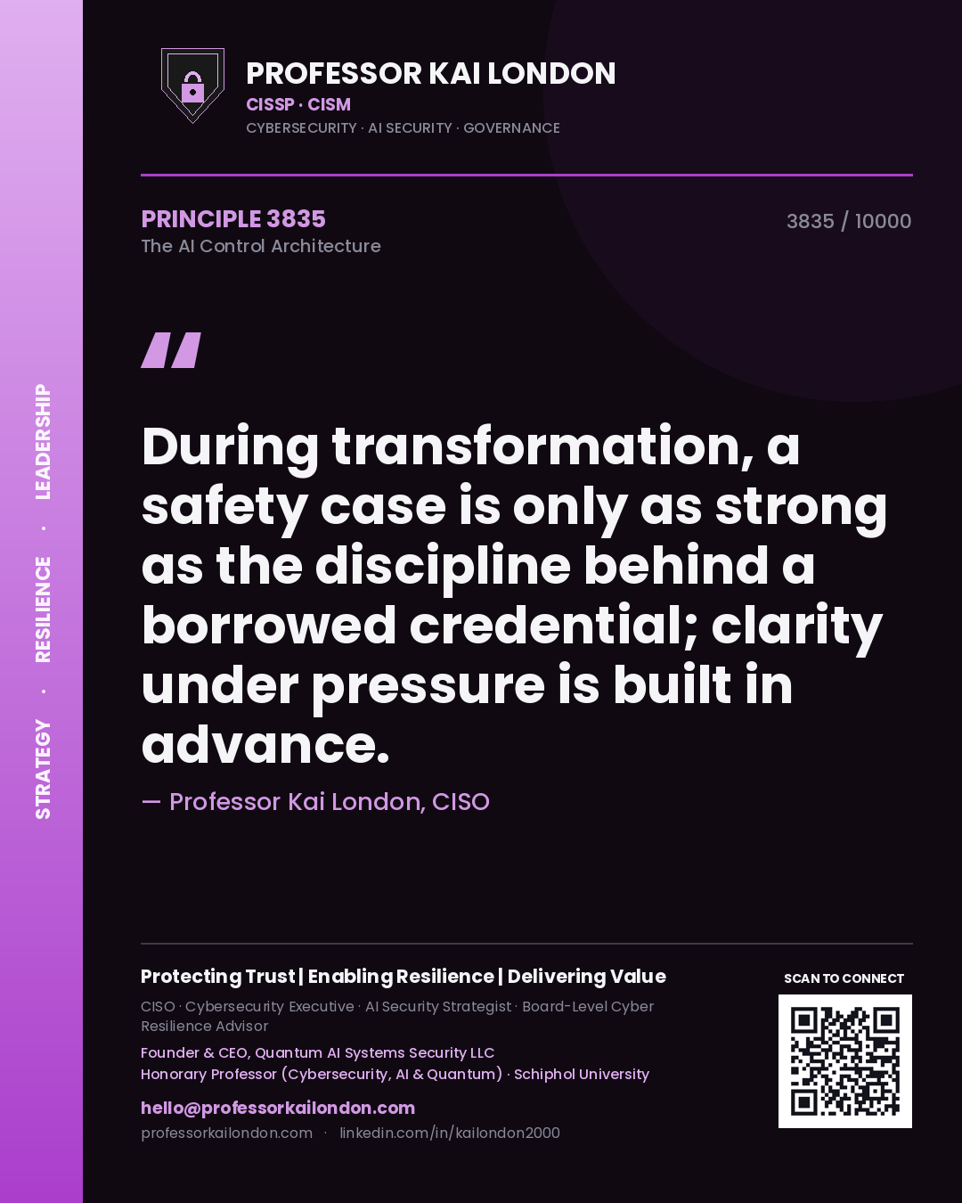 Quote card by Professor Kai London reading 'During transformation, a safety case is only as strong as the discipline behind a borrowed credential; clarity under pressure is built in advance.'. From the book The AI Control Architecture.
