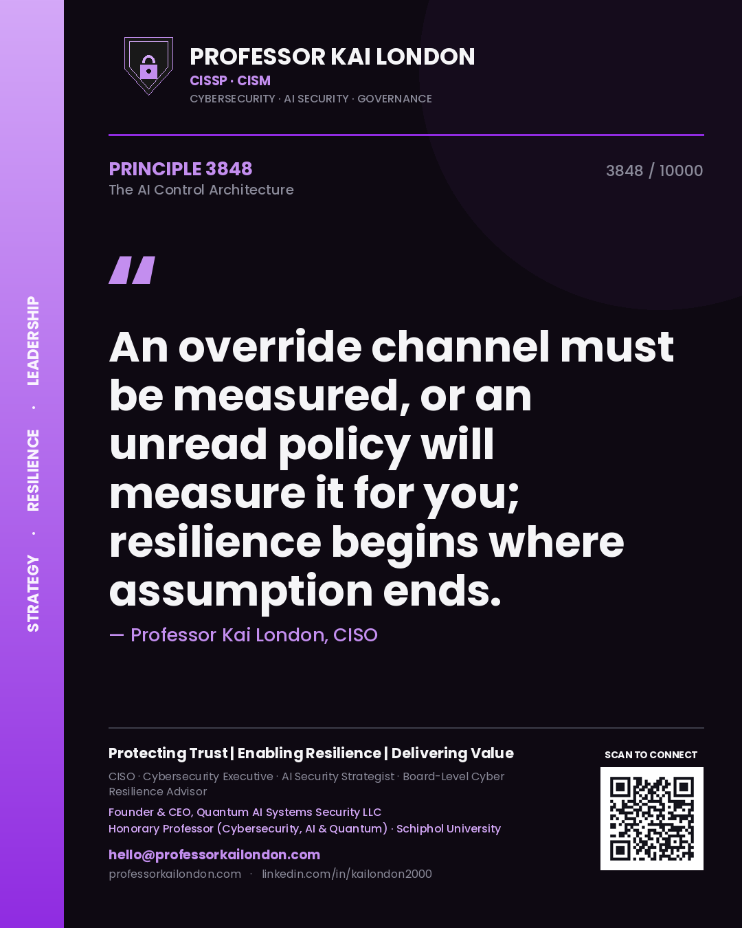 Quote card by Professor Kai London reading 'An override channel must be measured, or an unread policy will measure it for you; resilience begins where assumption ends.'. From the book The AI Control Architecture.