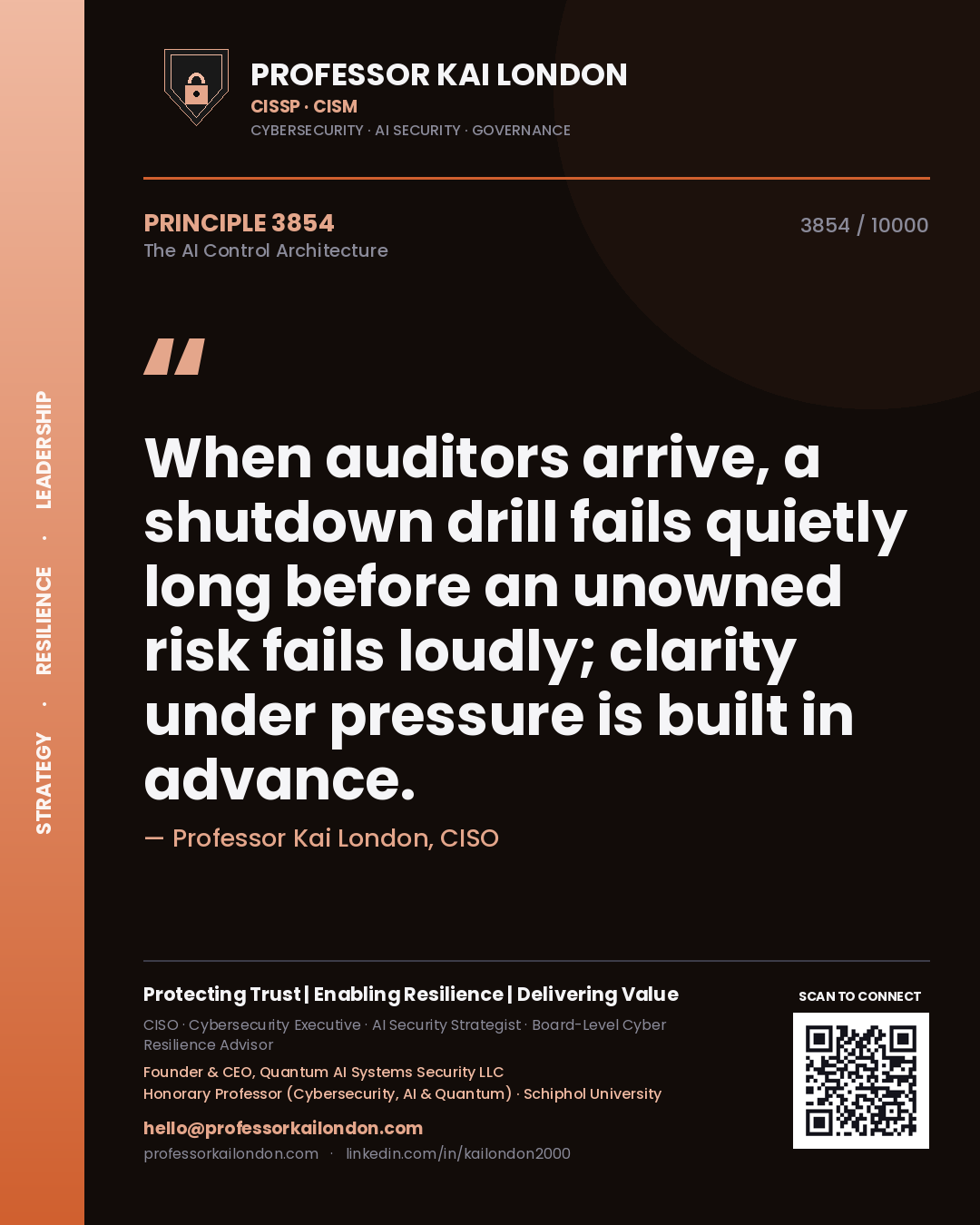 Professor Kai London principle 3854: When auditors arrive, a shutdown drill fails quietly long before an unowned risk fails loudly; clarity under pressure is built in advance.