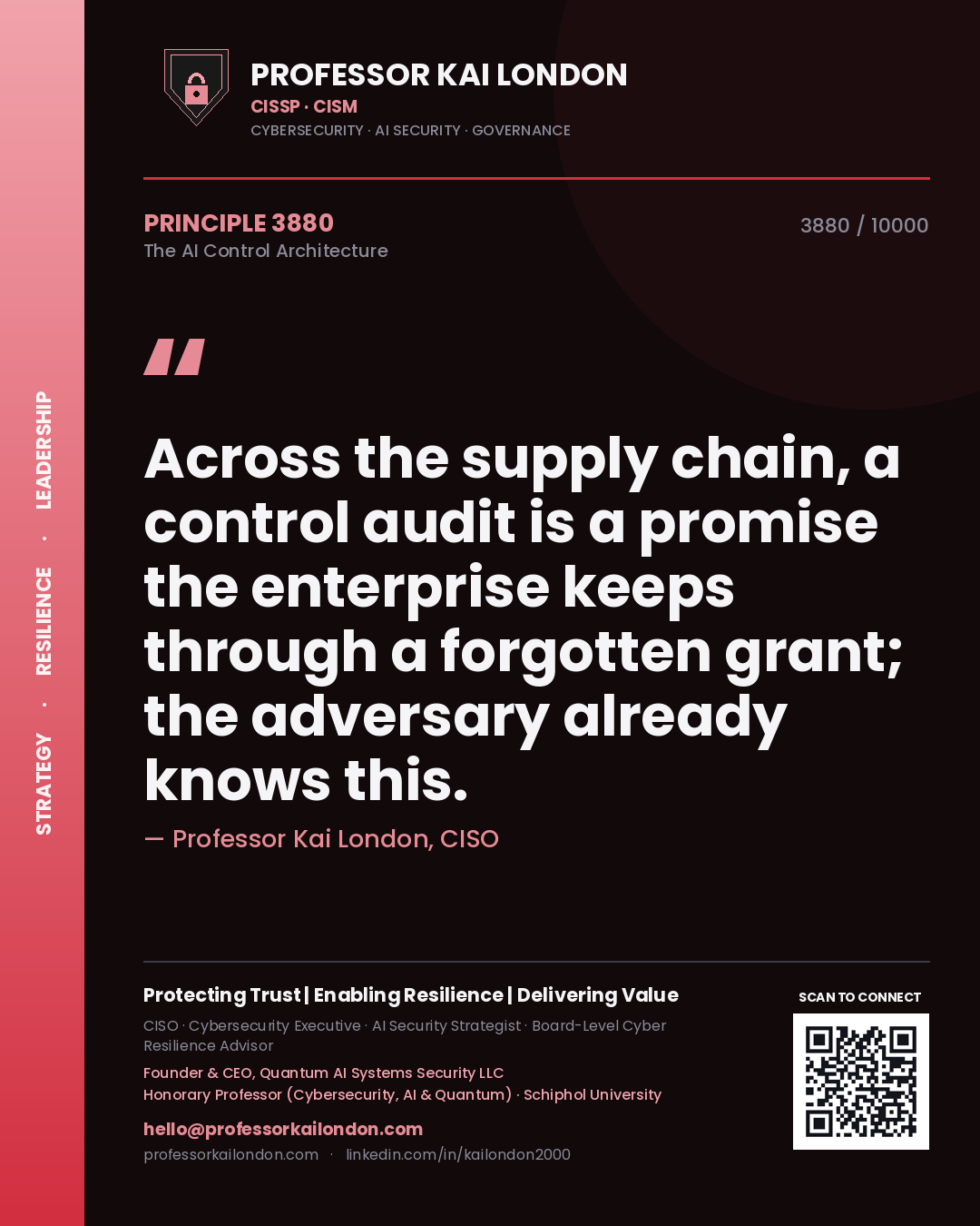 Quote card by Professor Kai London reading 'Across the supply chain, a control audit is a promise the enterprise keeps through a forgotten grant; the adversary already knows this.'. From the book The AI Control Architecture.