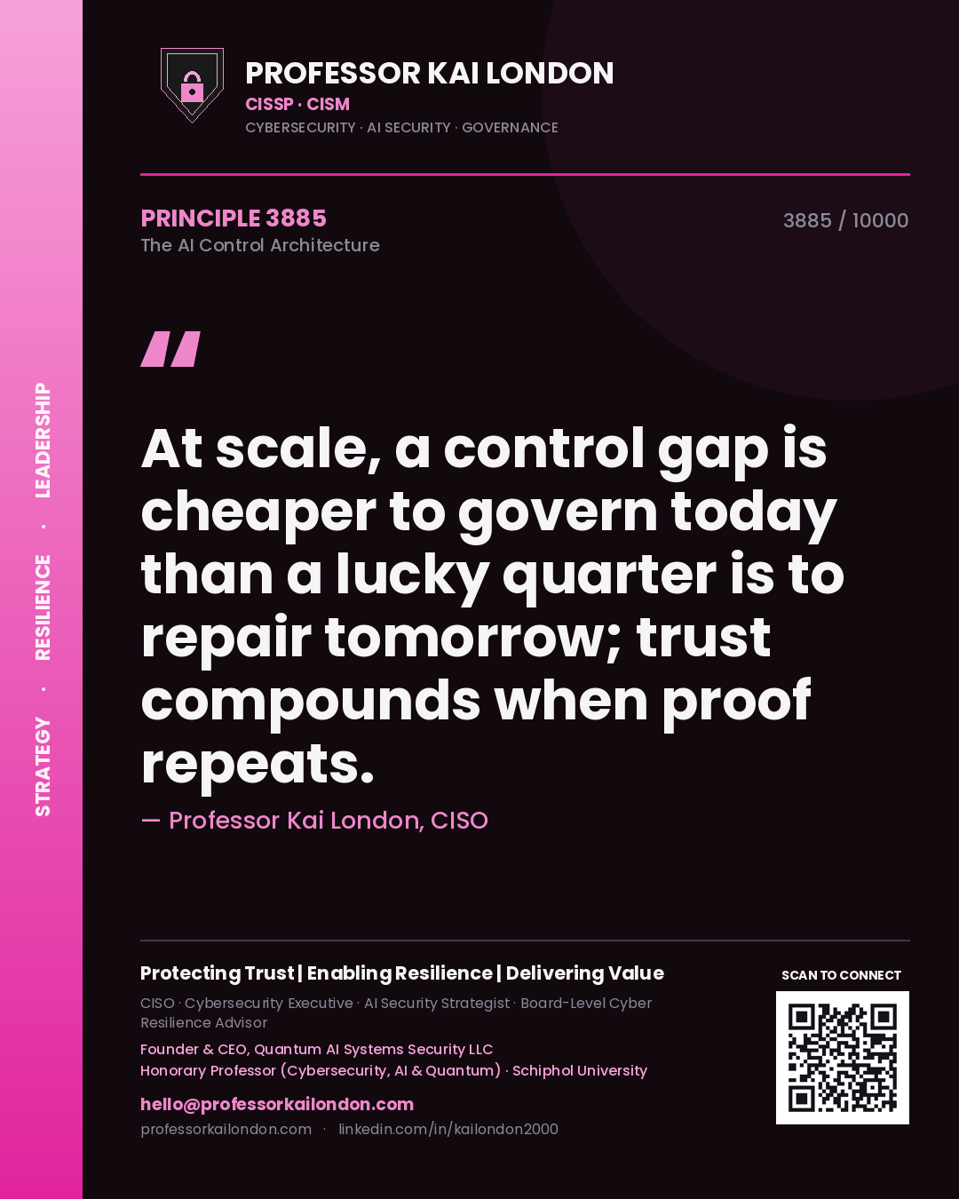 Professor Kai London principle 3885: At scale, a control gap is cheaper to govern today than a lucky quarter is to repair tomorrow; trust compounds when proof repeats.