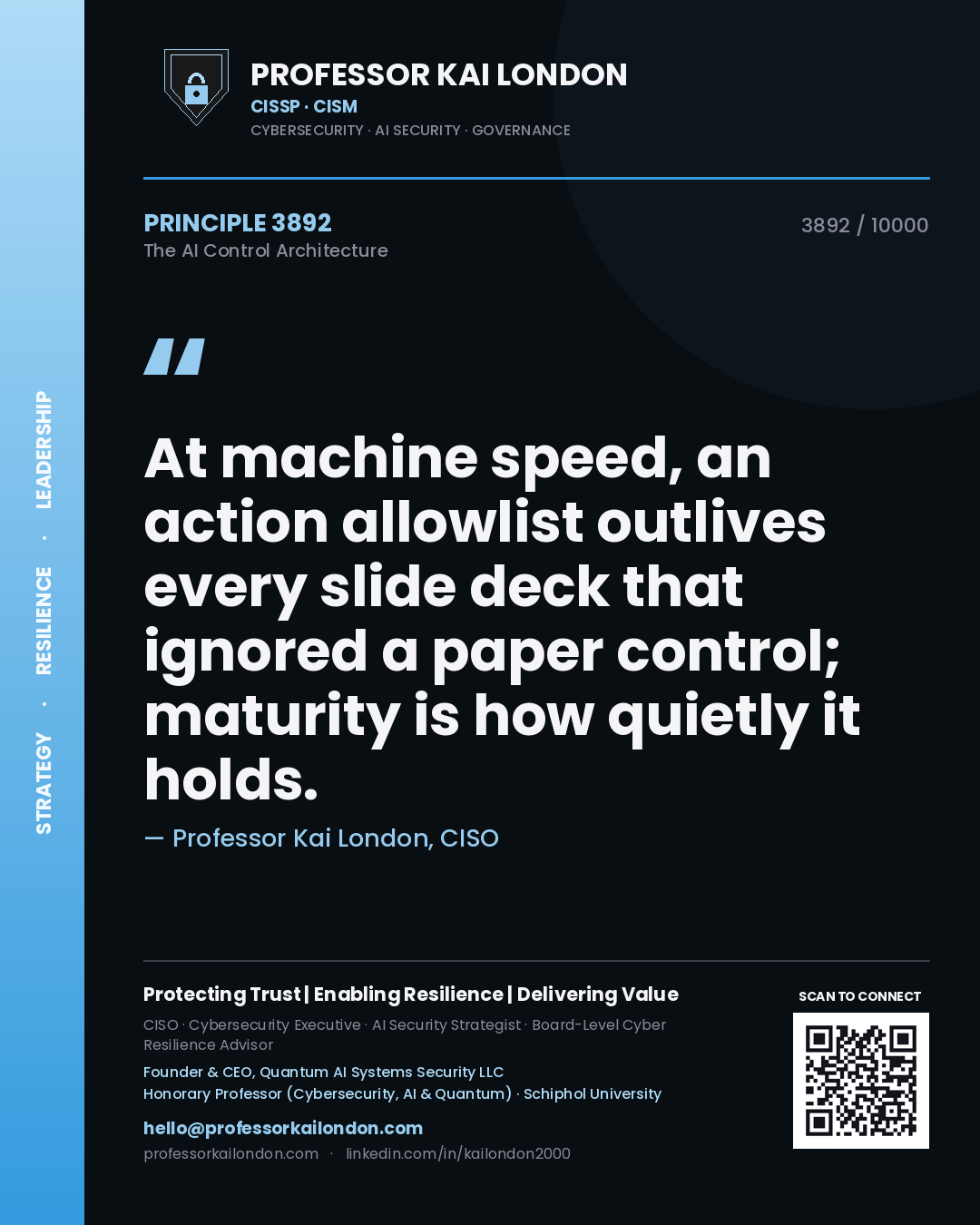 Quote card by Professor Kai London reading 'At machine speed, an action allowlist outlives every slide deck that ignored a paper control; maturity is how quietly it holds.'. From the book The AI Control Architecture.