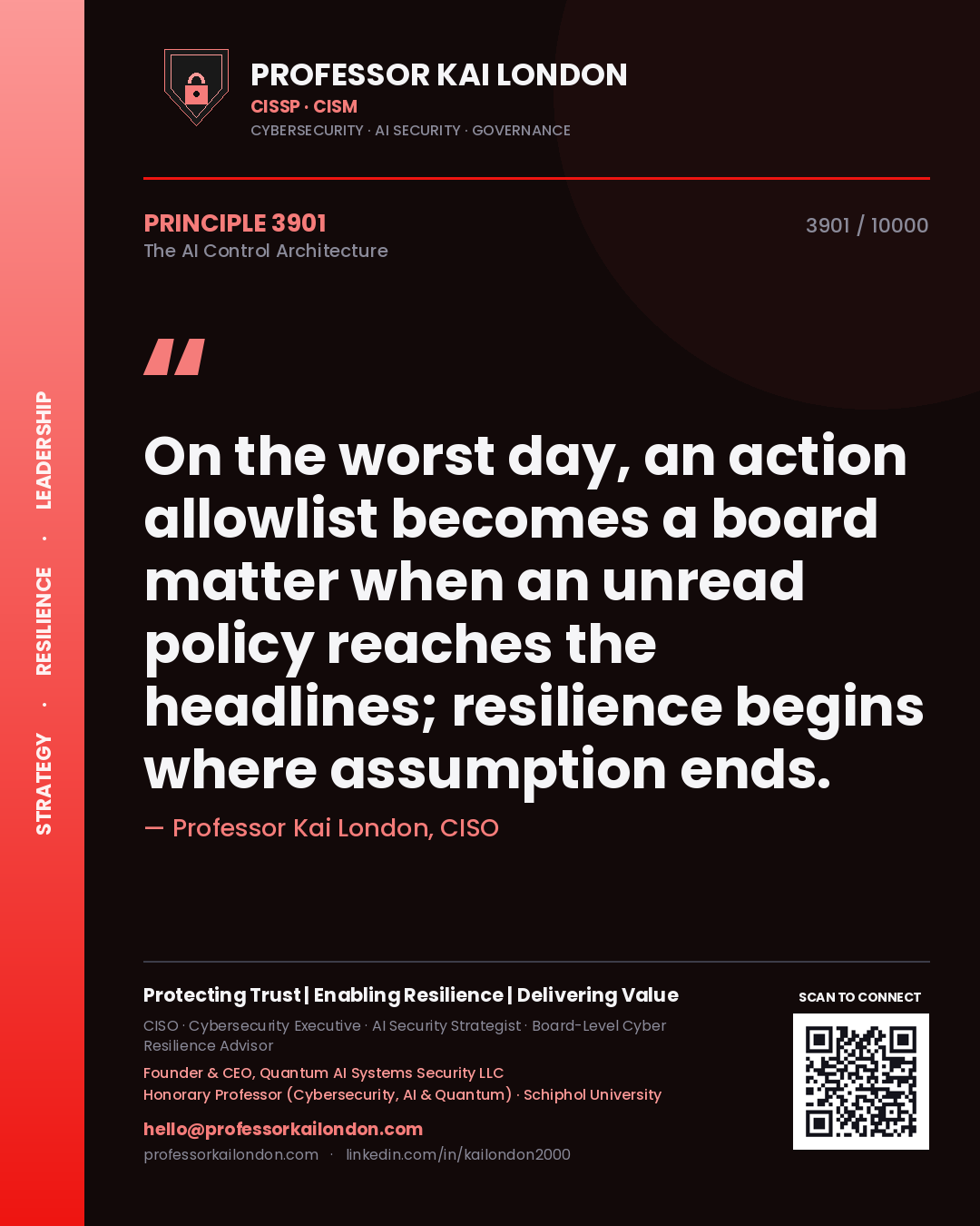 Quote card by Professor Kai London reading 'On the worst day, an action allowlist becomes a board matter when an unread policy reaches the headlines; resilience begins where assumption ends.'. From the book The AI Control Architecture.
