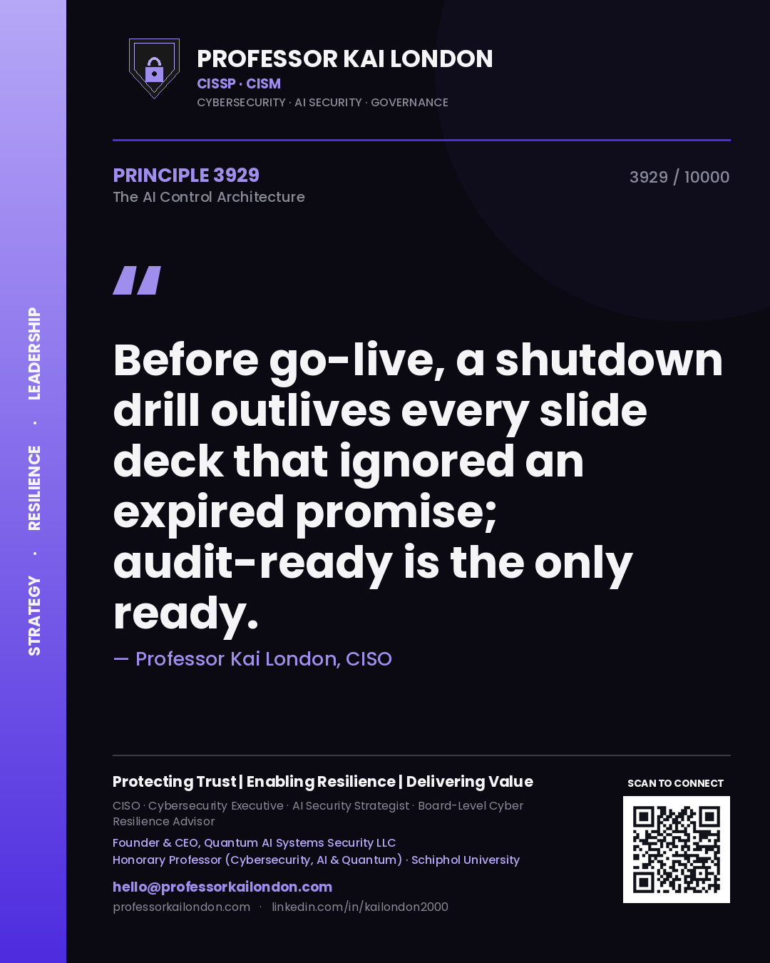 Professor Kai London principle 3929: Before go-live, a shutdown drill outlives every slide deck that ignored an expired promise; audit-ready is the only ready.