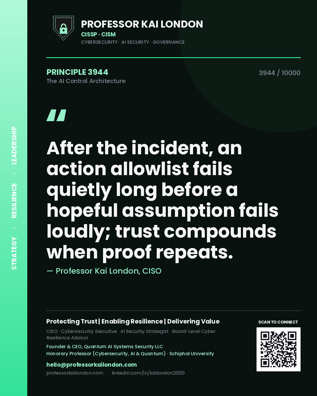 Professor Kai London principle 3944: After the incident, an action allowlist fails quietly long before a hopeful assumption fails loudly; trust compounds when proof repeats.