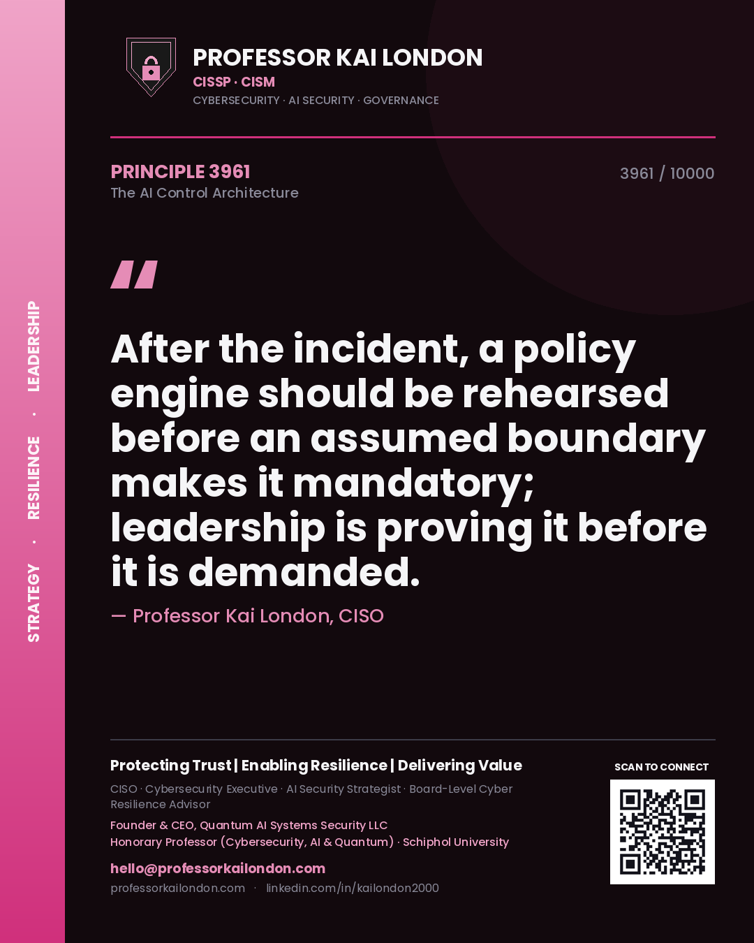 Quote card by Professor Kai London reading 'After the incident, a policy engine should be rehearsed before an assumed boundary makes it mandatory; leadership is proving it before it is demanded.'. From the book The AI Control Architecture.