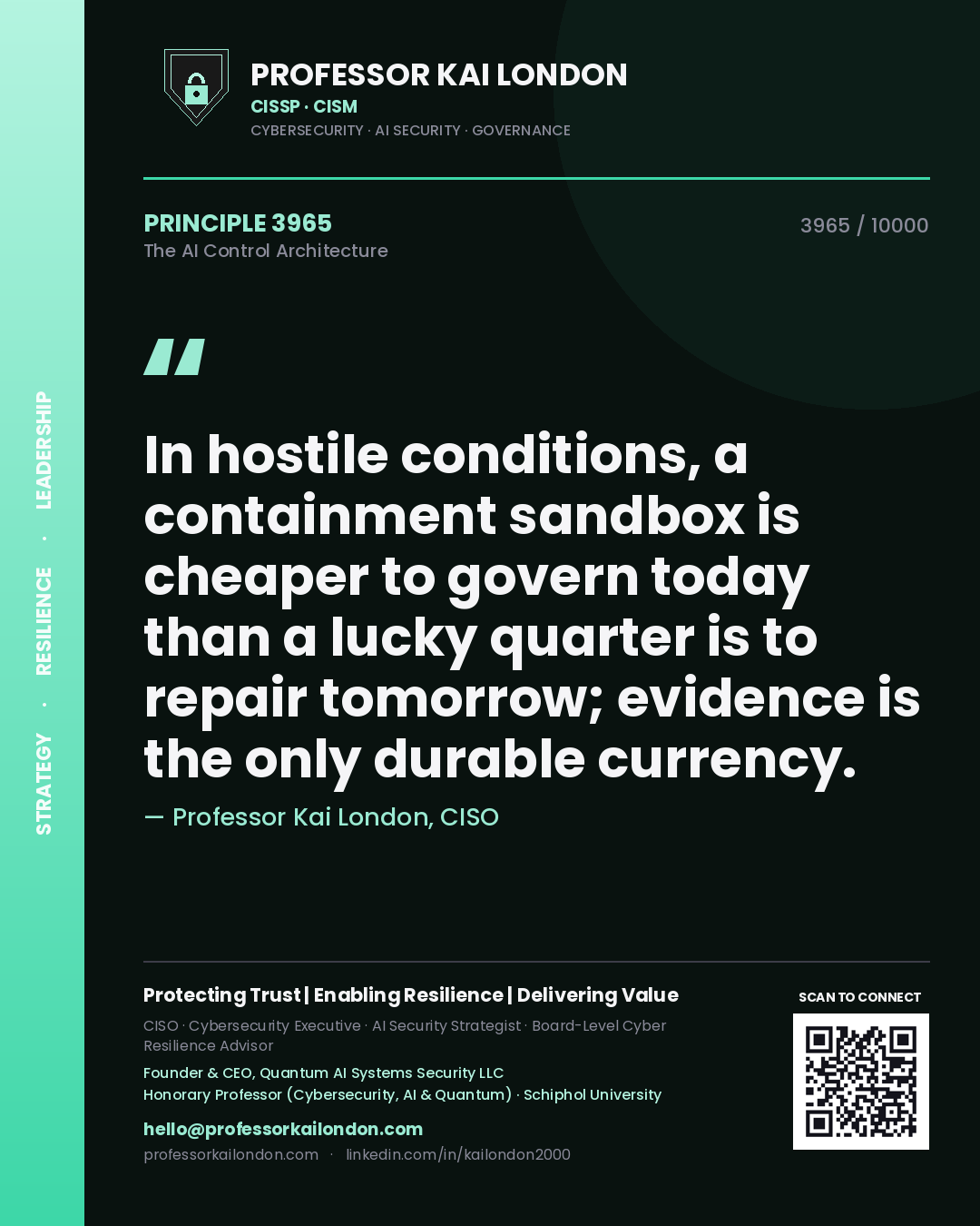 Quote card by Professor Kai London reading 'In hostile conditions, a containment sandbox is cheaper to govern today than a lucky quarter is to repair tomorrow; evidence is the only durable currency.'. From the book The AI Control Architecture.