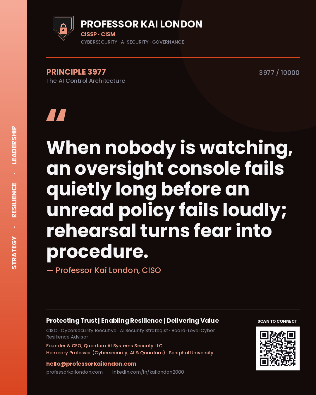 Quote card by Professor Kai London reading 'When nobody is watching, an oversight console fails quietly long before an unread policy fails loudly; rehearsal turns fear into procedure.'. From the book The AI Control Architecture.