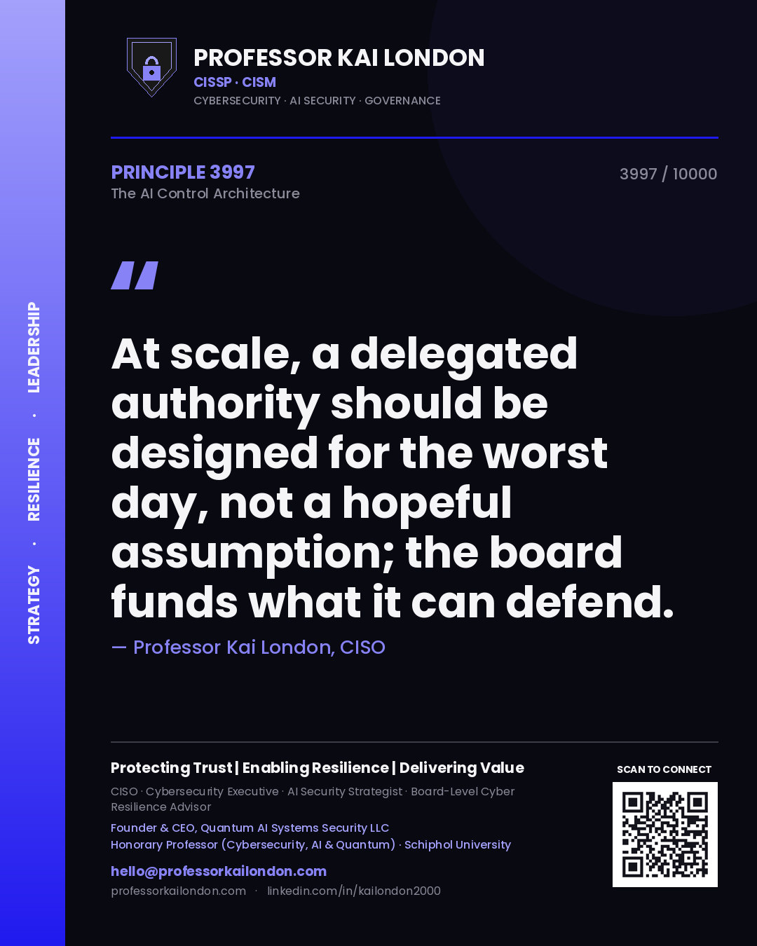 Quote card by Professor Kai London reading 'At scale, a delegated authority should be designed for the worst day, not a hopeful assumption; the board funds what it can defend.'. From the book The AI Control Architecture.
