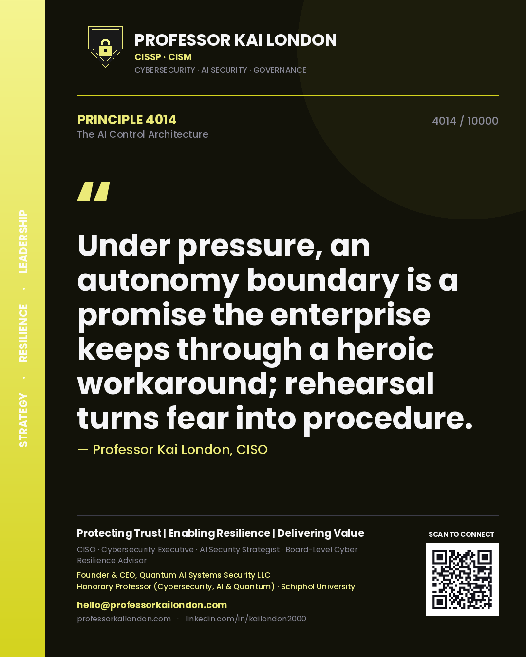 Quote card by Professor Kai London reading 'Under pressure, an autonomy boundary is a promise the enterprise keeps through a heroic workaround; rehearsal turns fear into procedure.'. From the book The AI Control Architecture.
